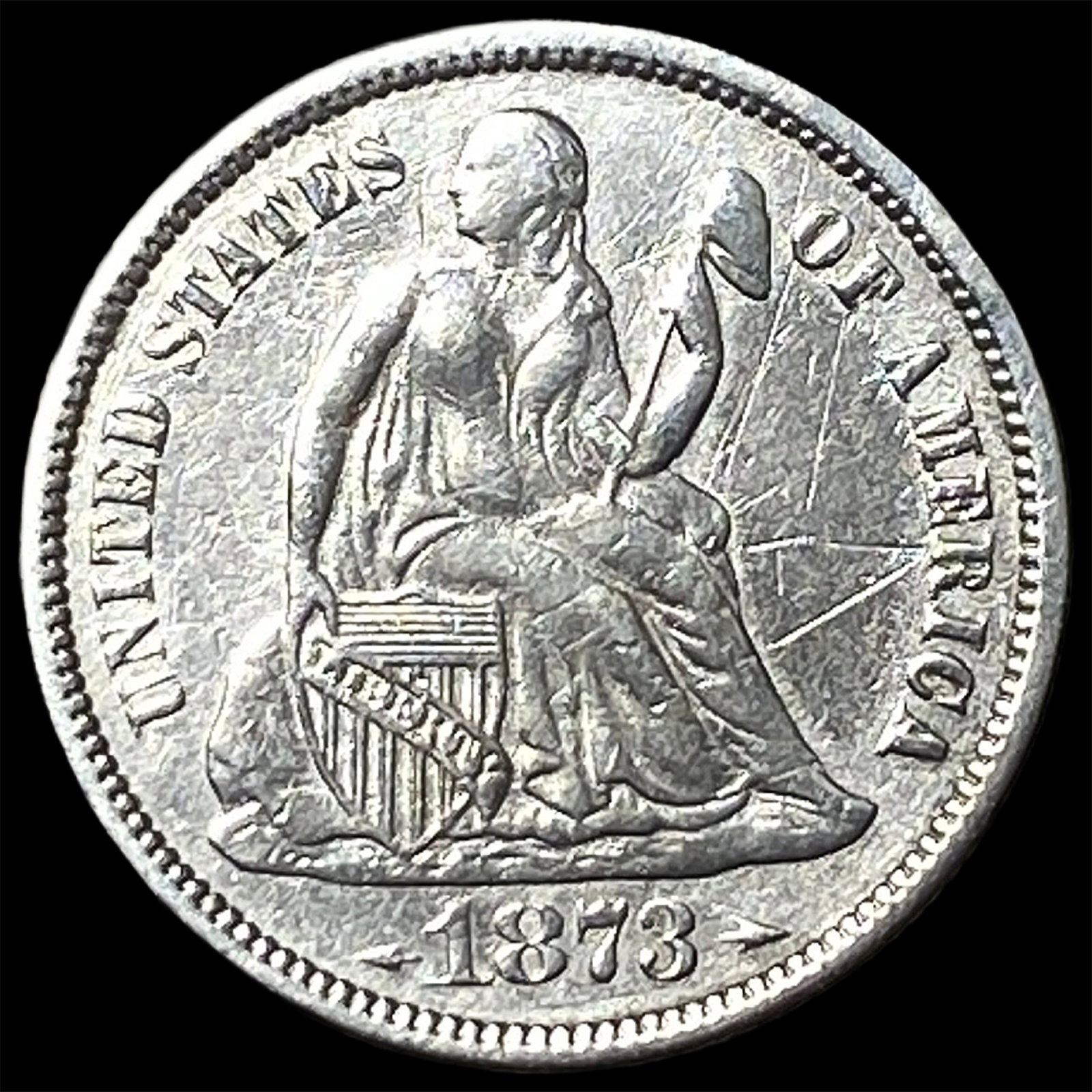 1873 Silver Seated Liberty Dime CLOSELY UNCIRCULATED: 1873 Silver Seated Liberty Dime CLOSELY UNCIRCULATED