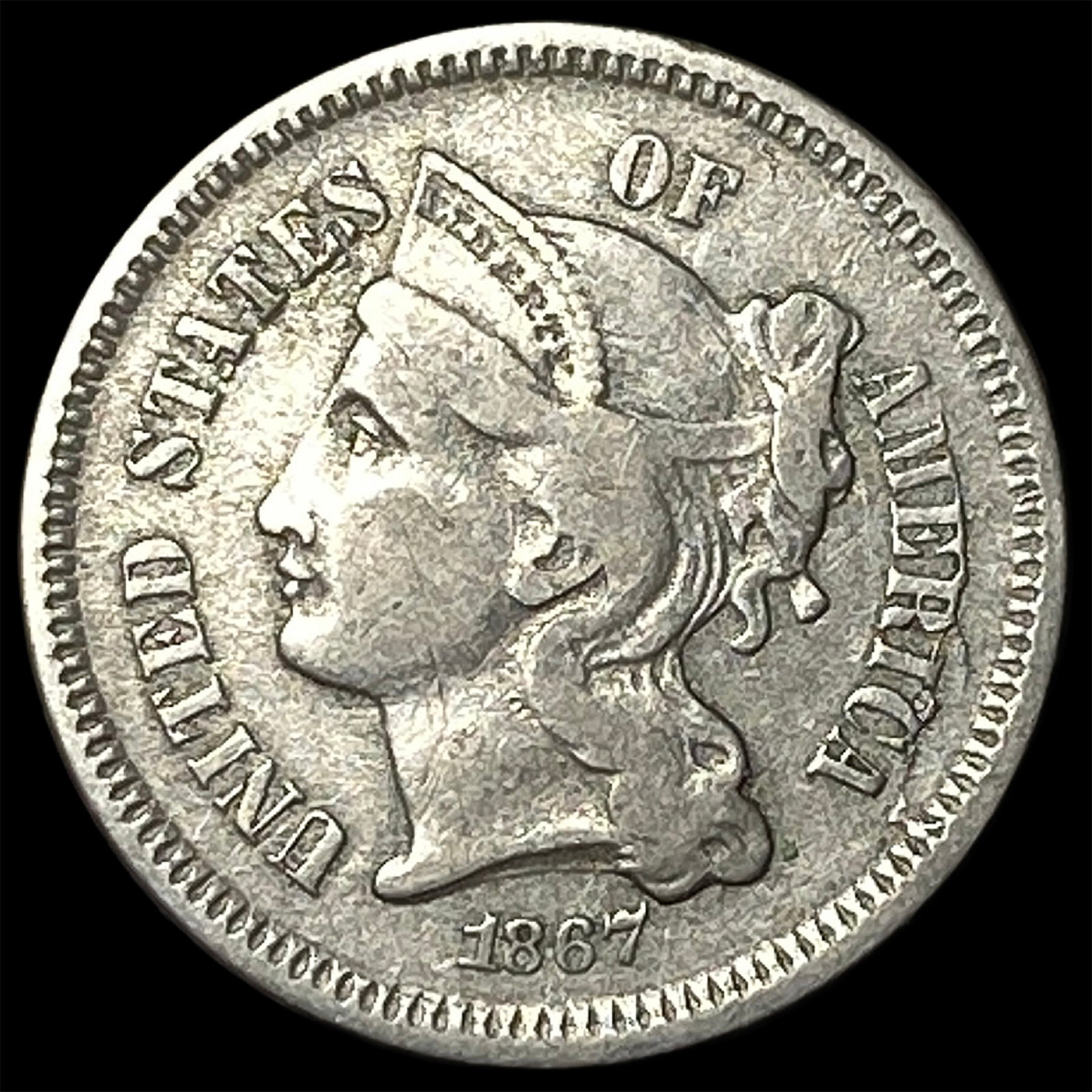 1867 Nickel Three-Cent Piece NEARLY UNCIRCULATED: 1867 Nickel Three-Cent Piece NEARLY UNCIRCULATED