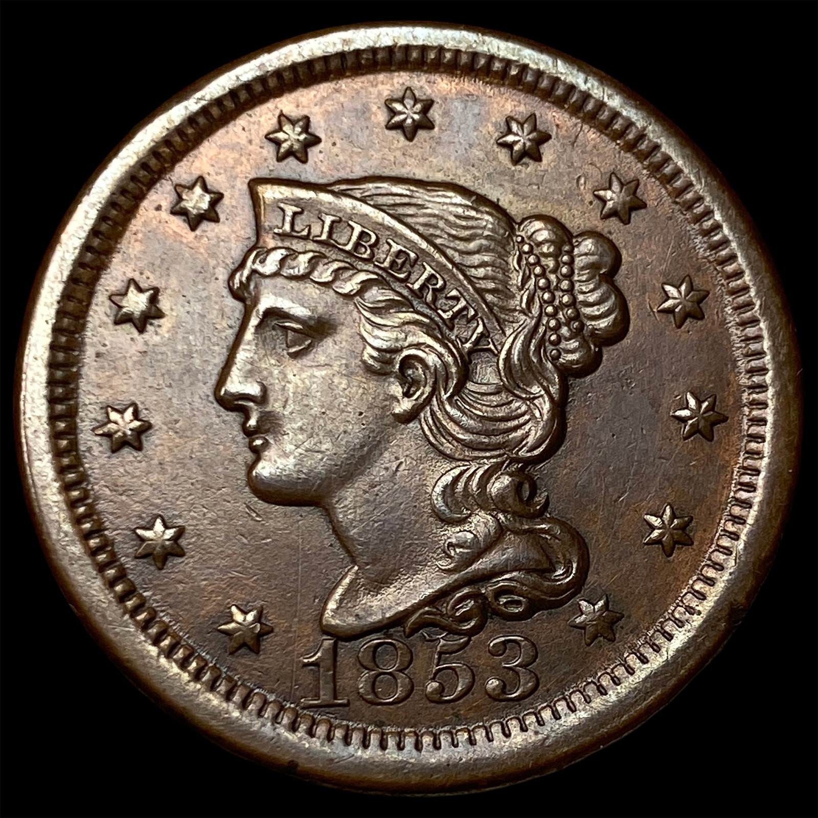 1853 Braided Hair Large Cent CHOICE AU: 1853 Braided Hair Large Cent CHOICE AU