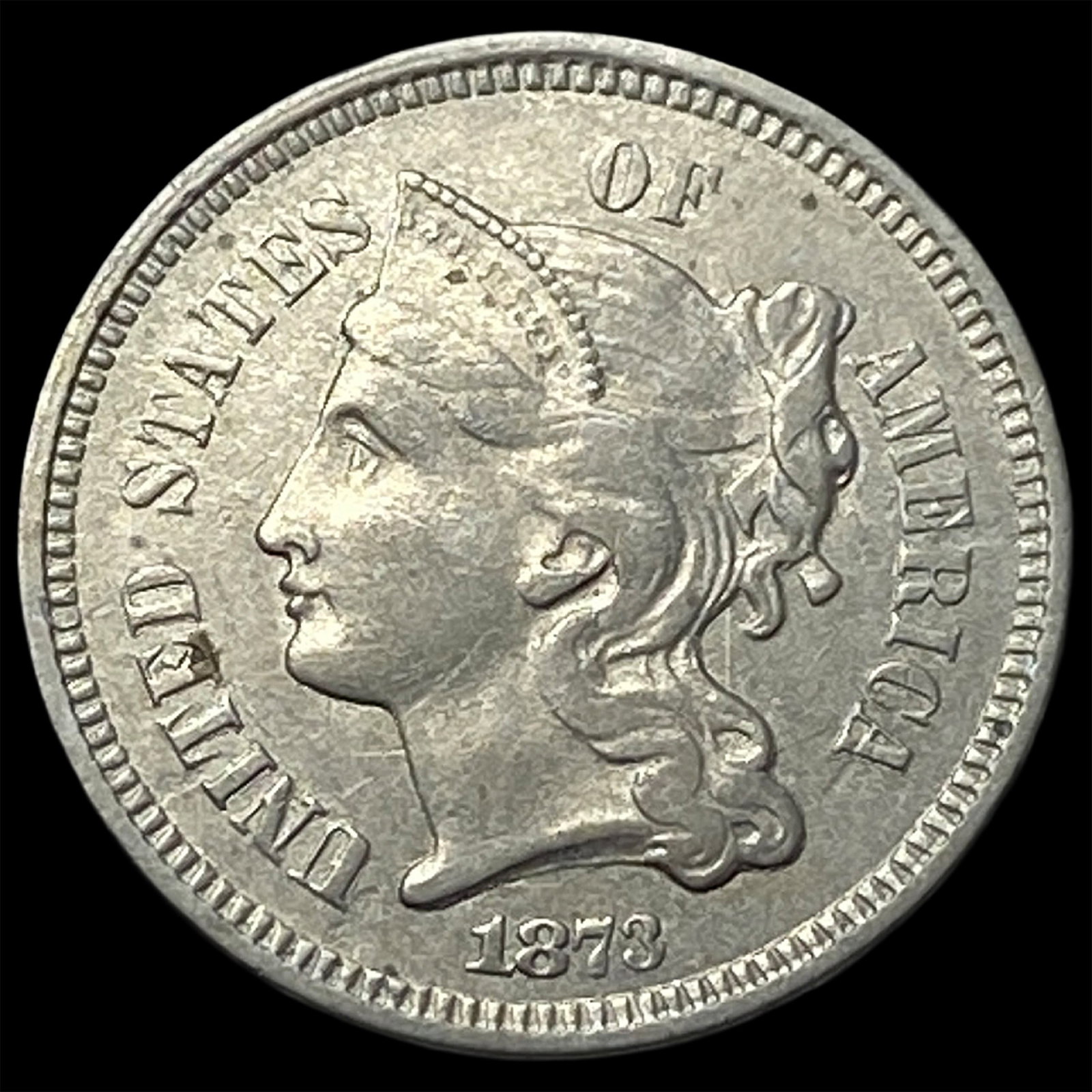 1873 Nickel Three-Cent Piece CLOSELY UNCIRCULATED: 1873 Nickel Three-Cent Piece CLOSELY UNCIRCULATED