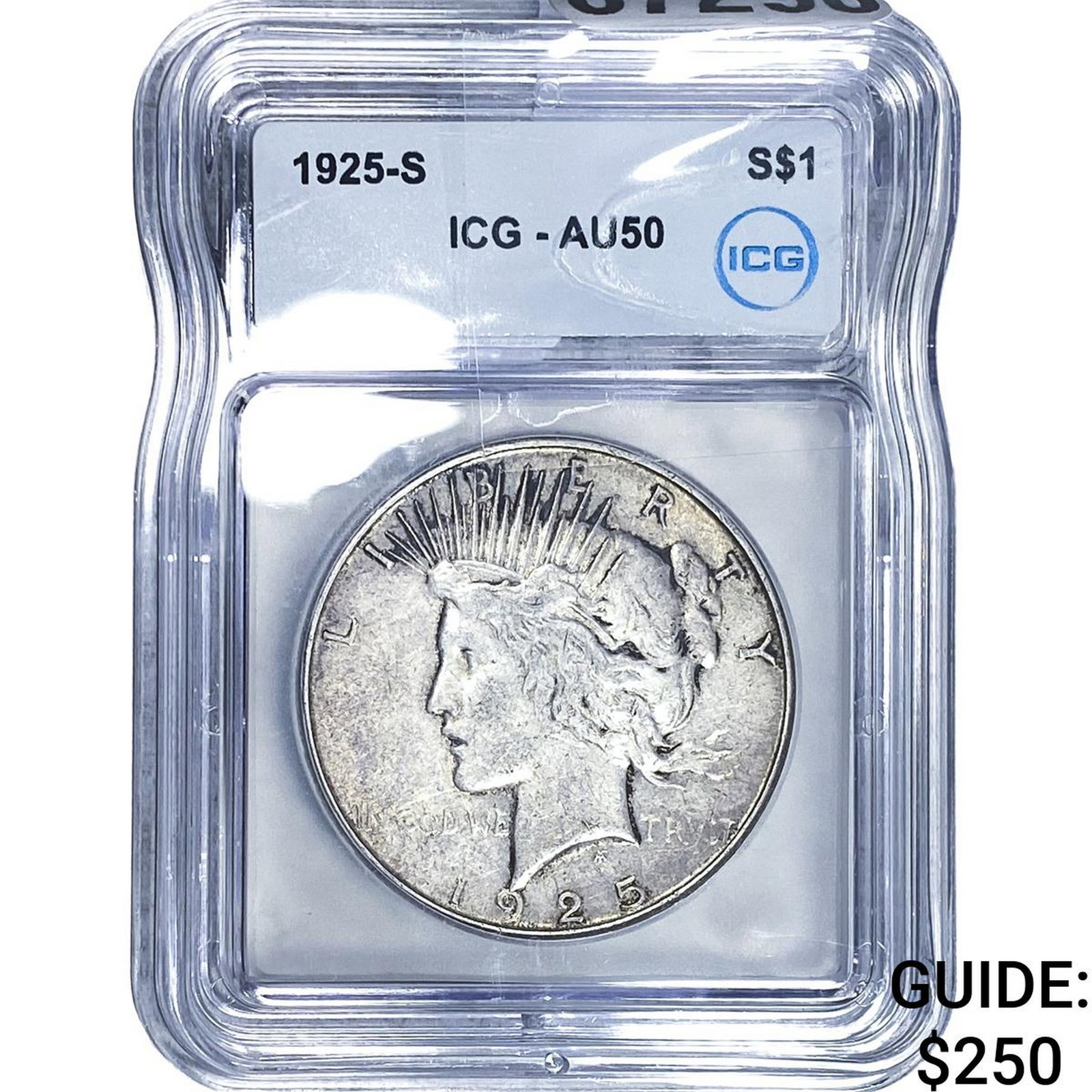1925-S Silver Peace Dollar ICG AU50: 1925-S Silver Peace Dollar ICG AU50