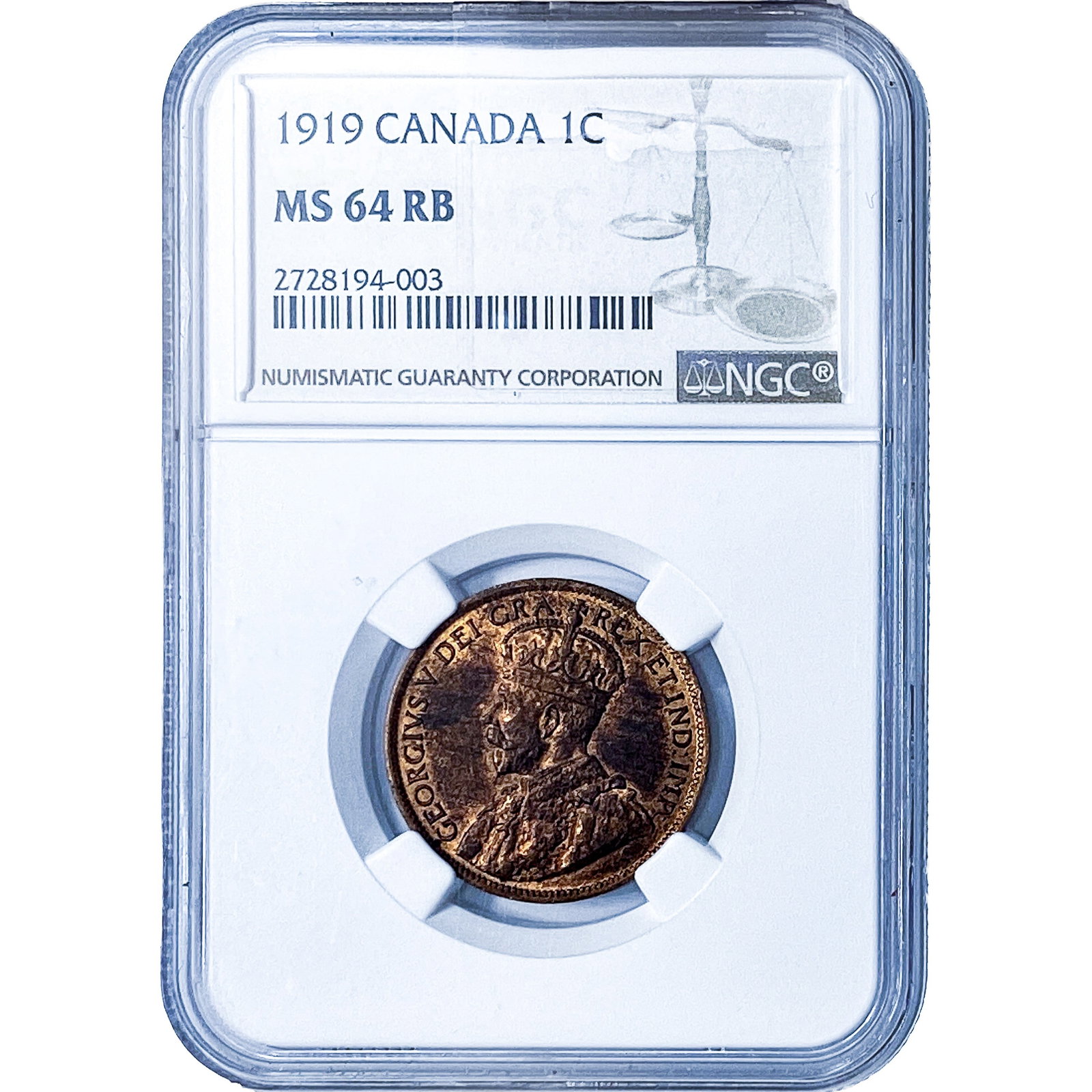 1919 Canada Bronze 1 Cent NGC MS64 RB: 1919 Canada Bronze 1 Cent NGC MS64 RB