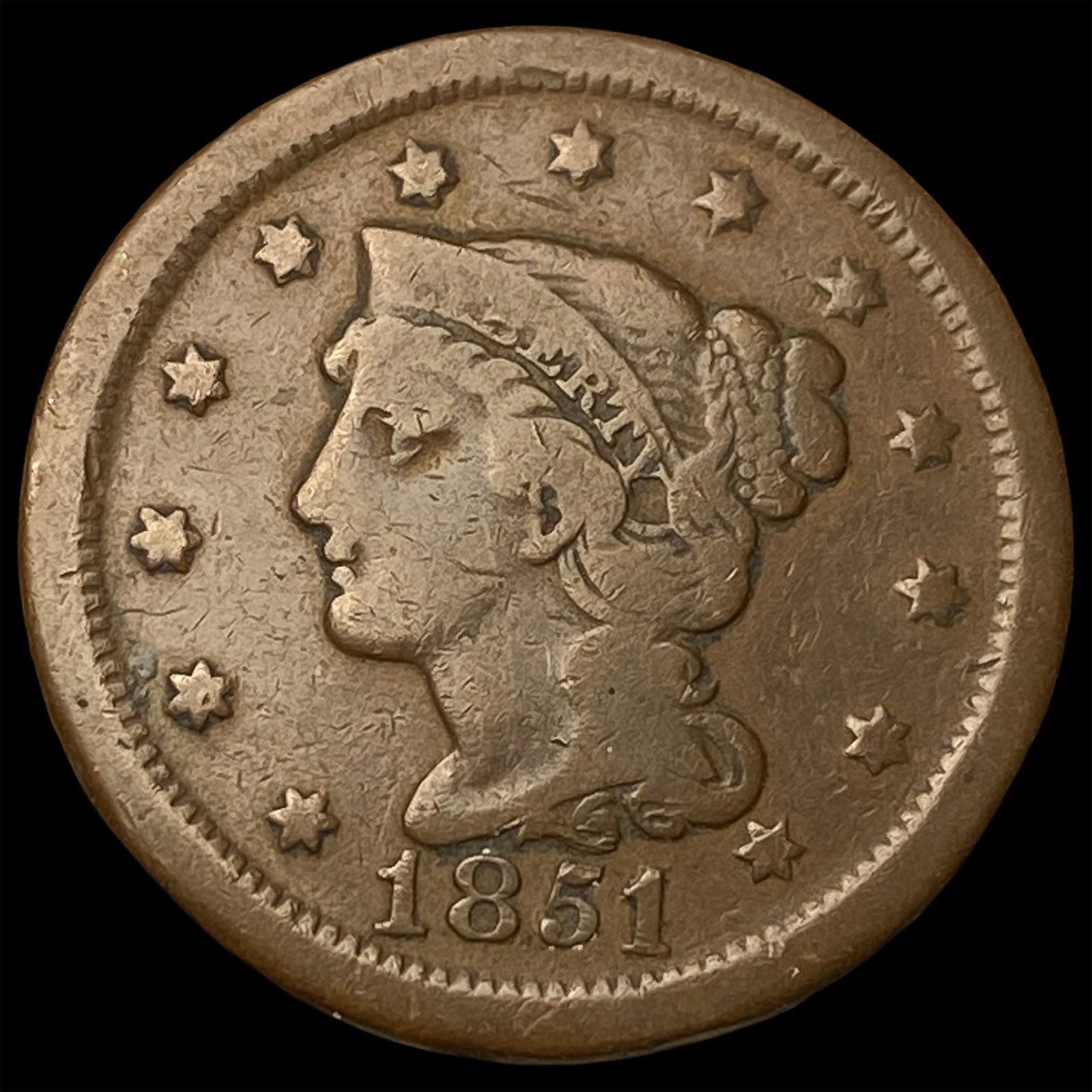 1851 Braided Hair Large Cent LIGHTLY CIRCULATED (1 of 2)