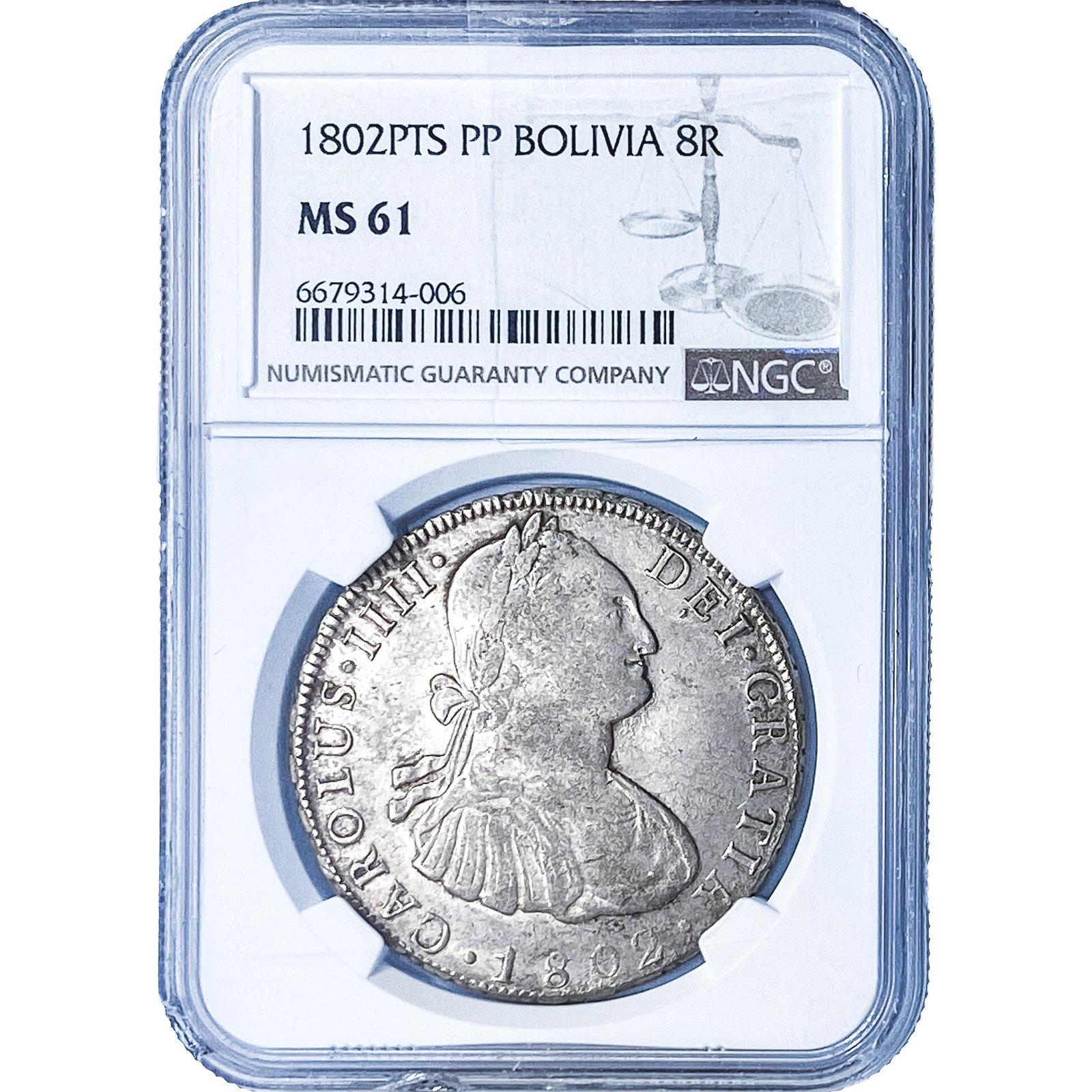 1802PTS PP Bolivia Silver 8 Reales NGC MS61: 1802PTS PP Bolivia Silver 8 Reales NGC MS61
