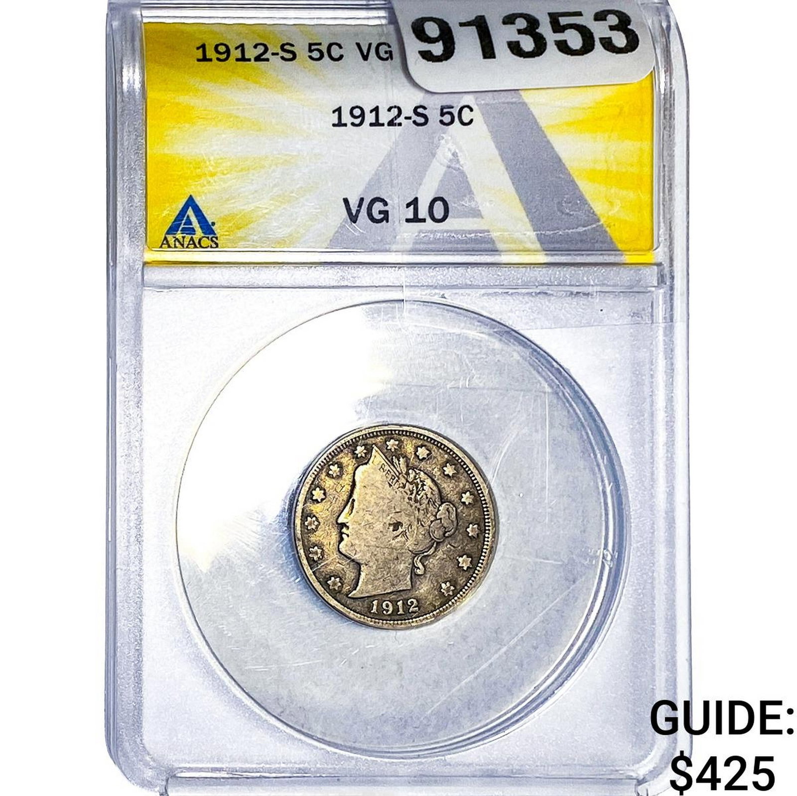 1912-S Liberty Victory Nickel ANACS VG10: 1912-S Liberty Victory Nickel ANACS VG10