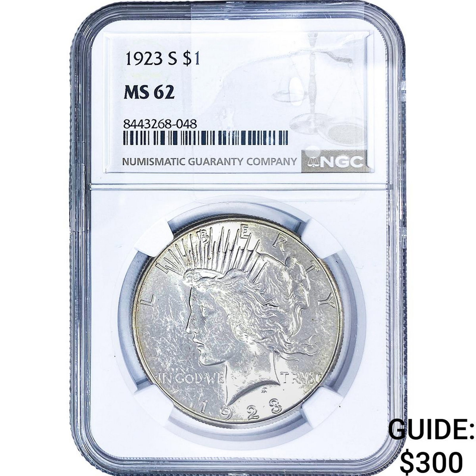 1923-S Silver Peace Dollar NGC MS62: 1923-S Silver Peace Dollar NGC MS62