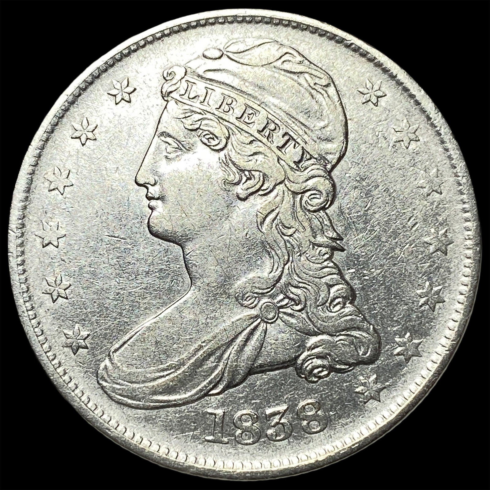 1838 Silver Half Dollar (Capped Bust) NEARLY UNCIRCULATED: 1838 Silver Half Dollar (Capped Bust) NEARLY UNCIRCULATED