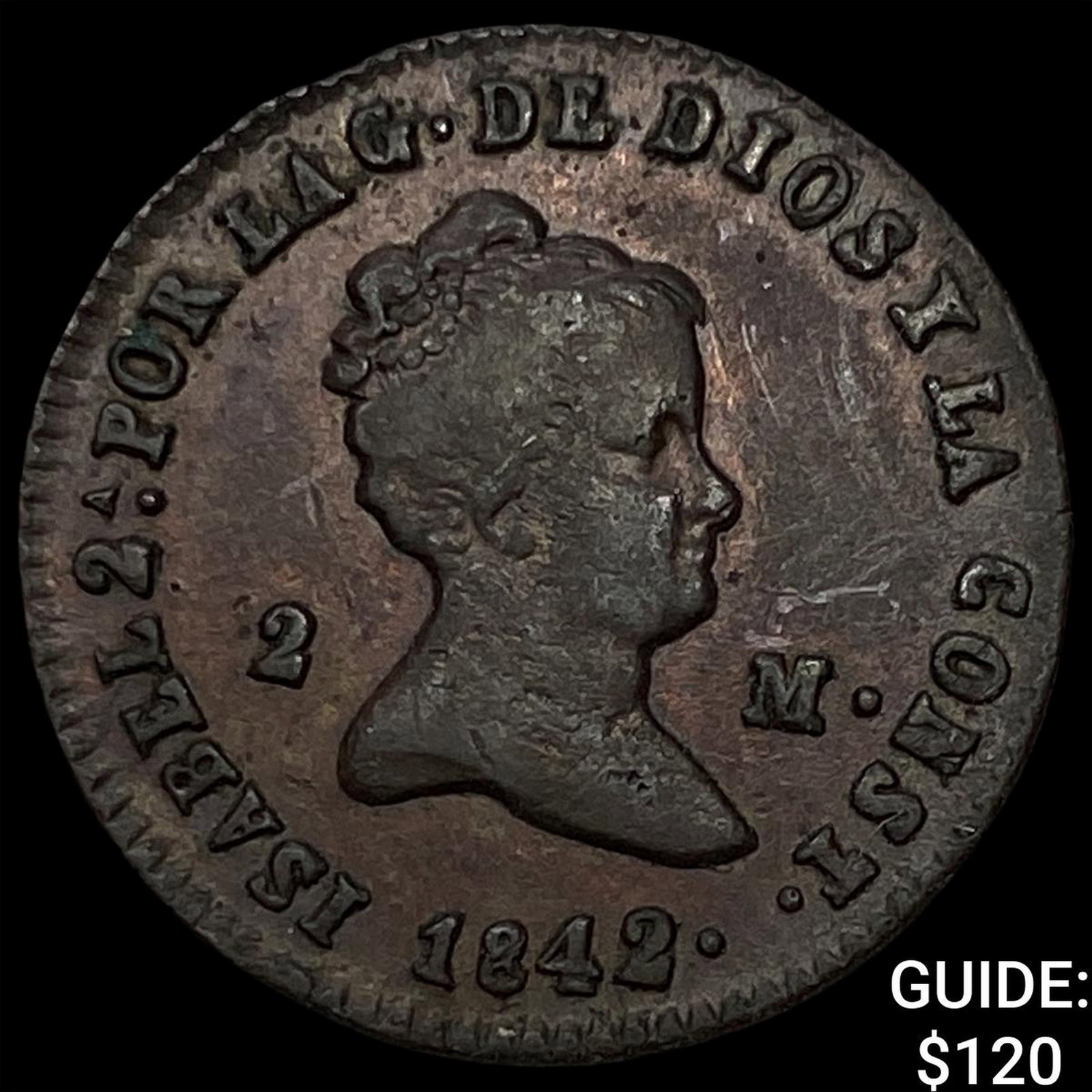 1842 Spain Isabel II Bronze 2 Maravedis KM 530.3: 1842 Spain Isabel II Bronze 2 Maravedis KM 530.3
