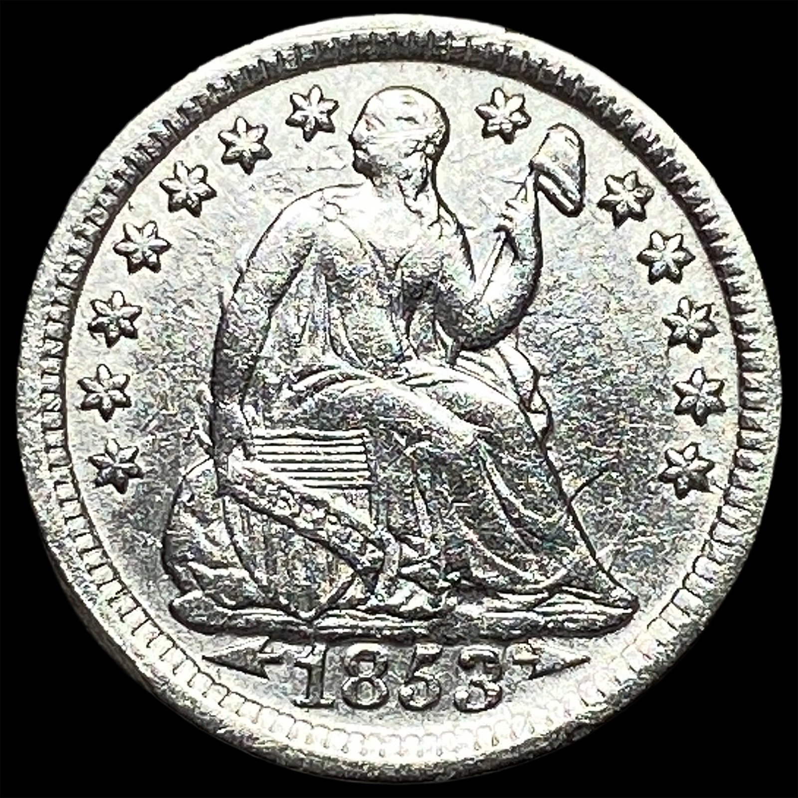 1853 Arrows Seated Liberty Half Dime CLOSELY UNCIRCULATED: 1853 Arrows Seated Liberty Half Dime CLOSELY UNCIRCULATED
