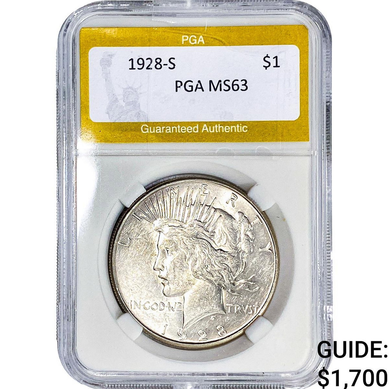 1928-S Silver Peace Dollar PGA MS63: 1928-S Silver Peace Dollar PGA MS63