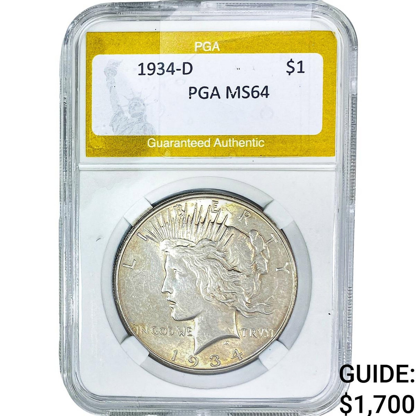 1934-D Silver Peace Dollar PGA MS64: 1934-D Silver Peace Dollar PGA MS64