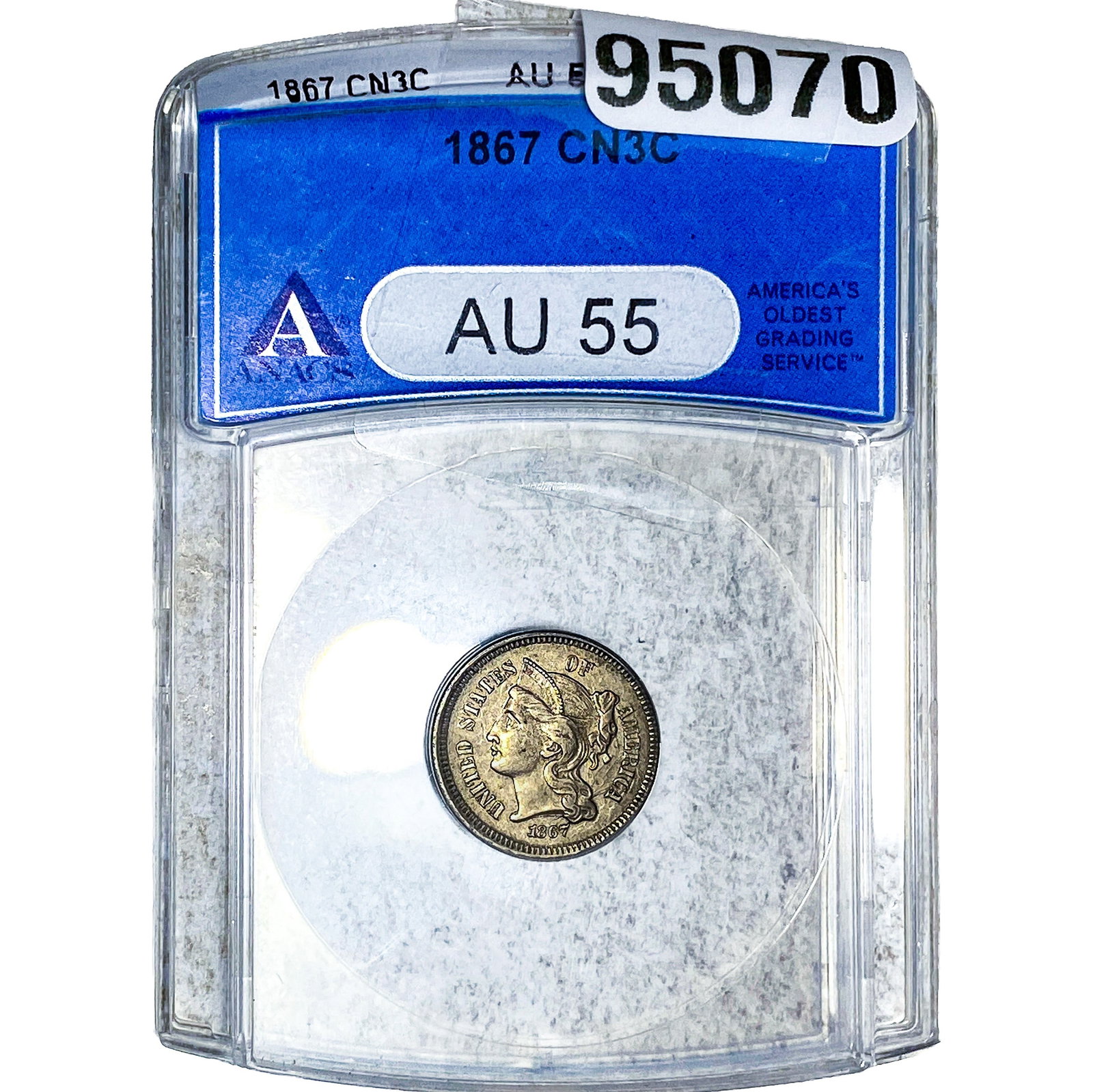 1867 Nickel Three Cent ANACS AU55: 1867 Nickel Three Cent ANACS AU55