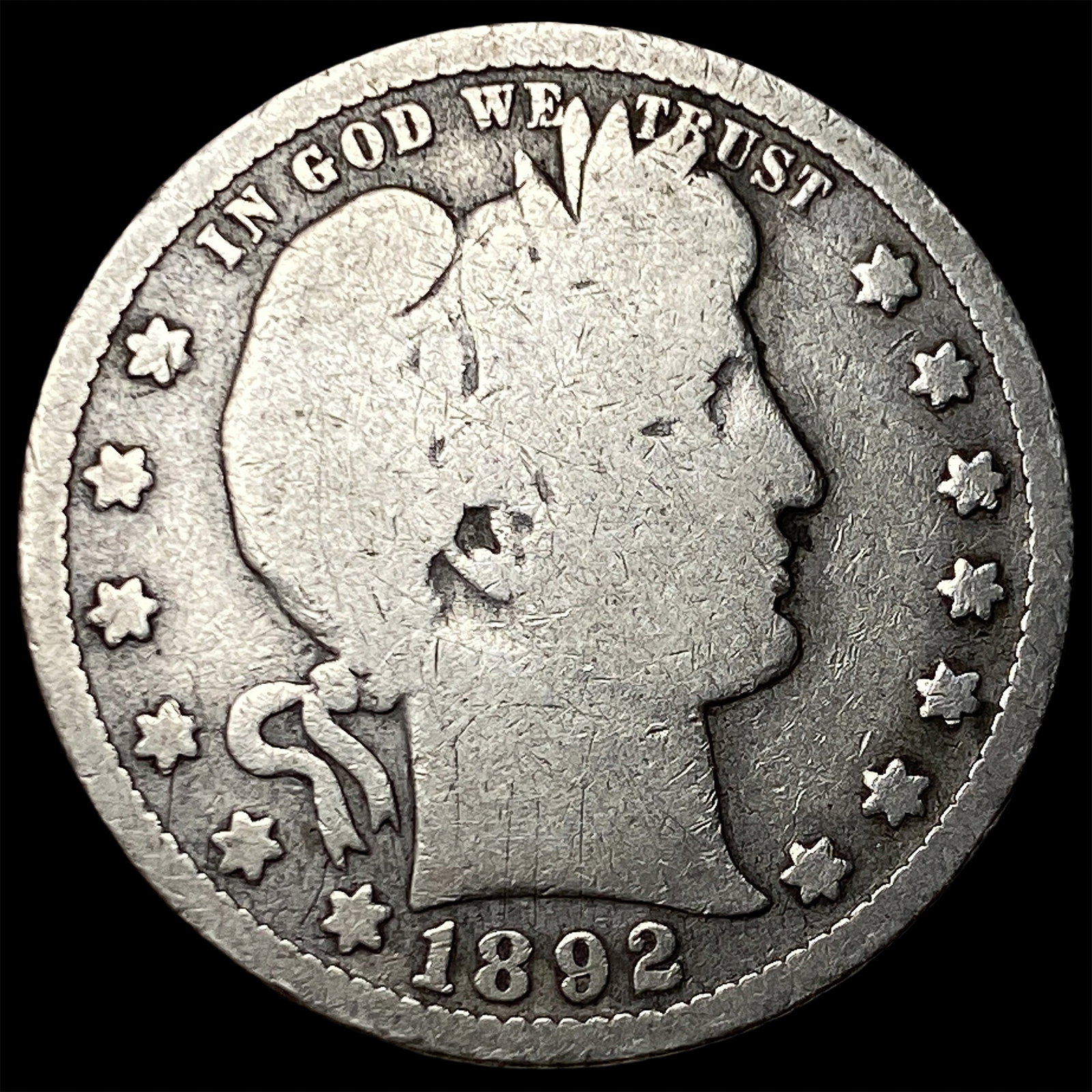 1892 Silver Barber Quarter NICELY CIRCULATED: 1892 Silver Barber Quarter NICELY CIRCULATED