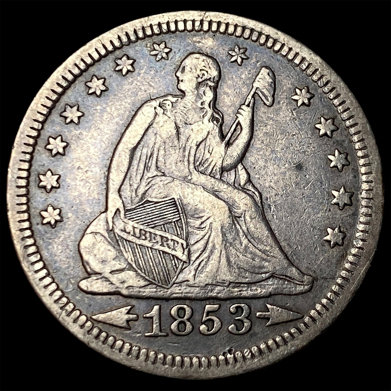 1853 Arrows/Rays Seated Liberty Quarter NEARLY UNCIRCULATED: 1853 Arrows/Rays Seated Liberty Quarter NEARLY UNCIRCULATED