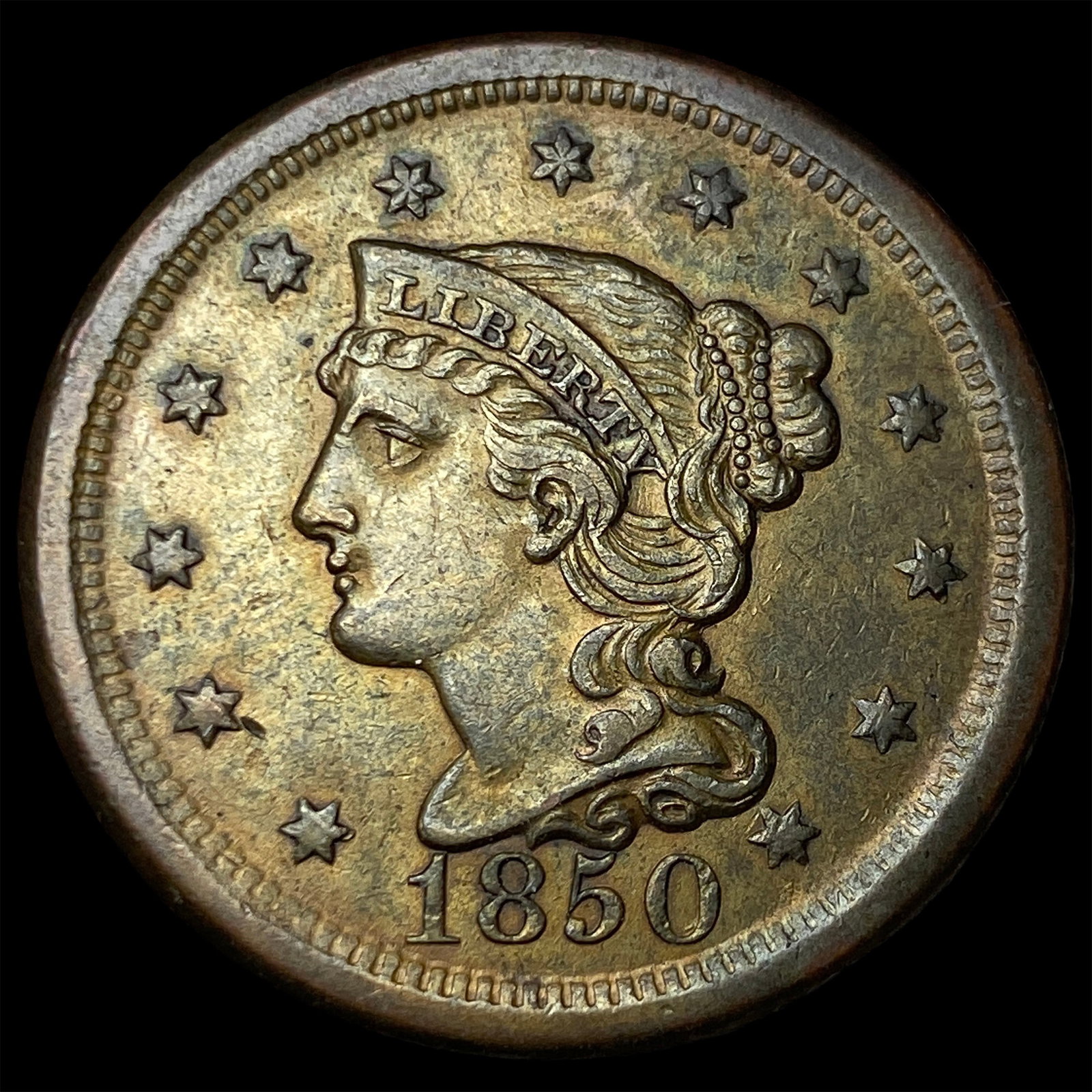 1850 Braided Hair Large Cent CHOICE BU: 1850 Braided Hair Large Cent CHOICE BU