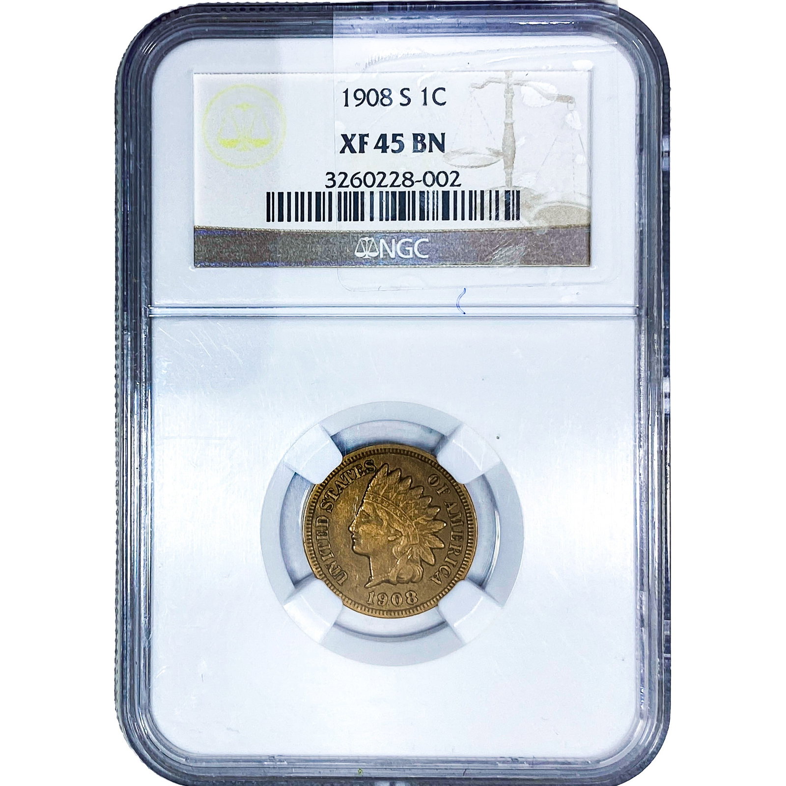 1908-S Indian Head Cent NGC XF45 BN: 1908-S Indian Head Cent NGC XF45 BN