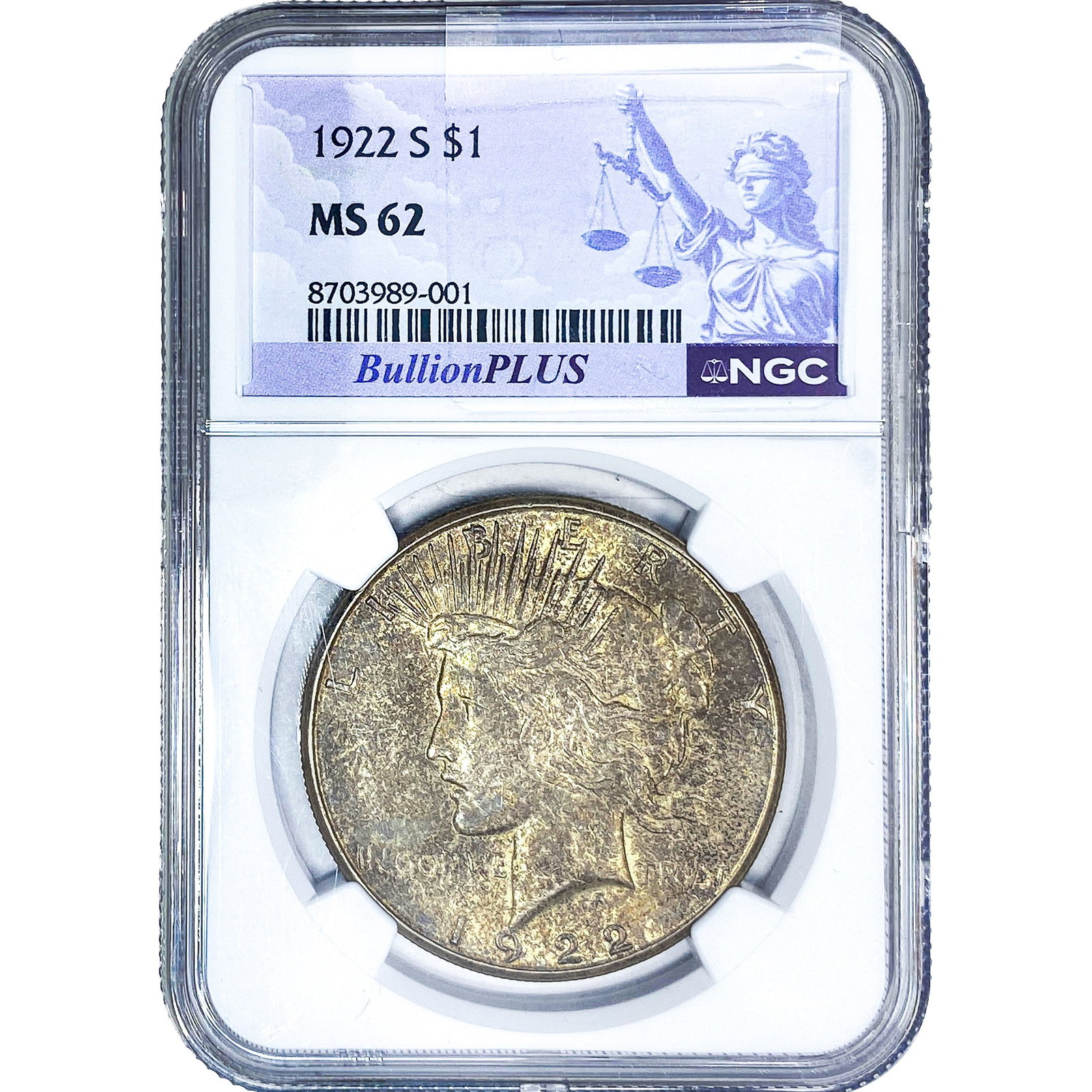 1922-S Silver Peace Dollar NGC MS62: 1922-S Silver Peace Dollar NGC MS62