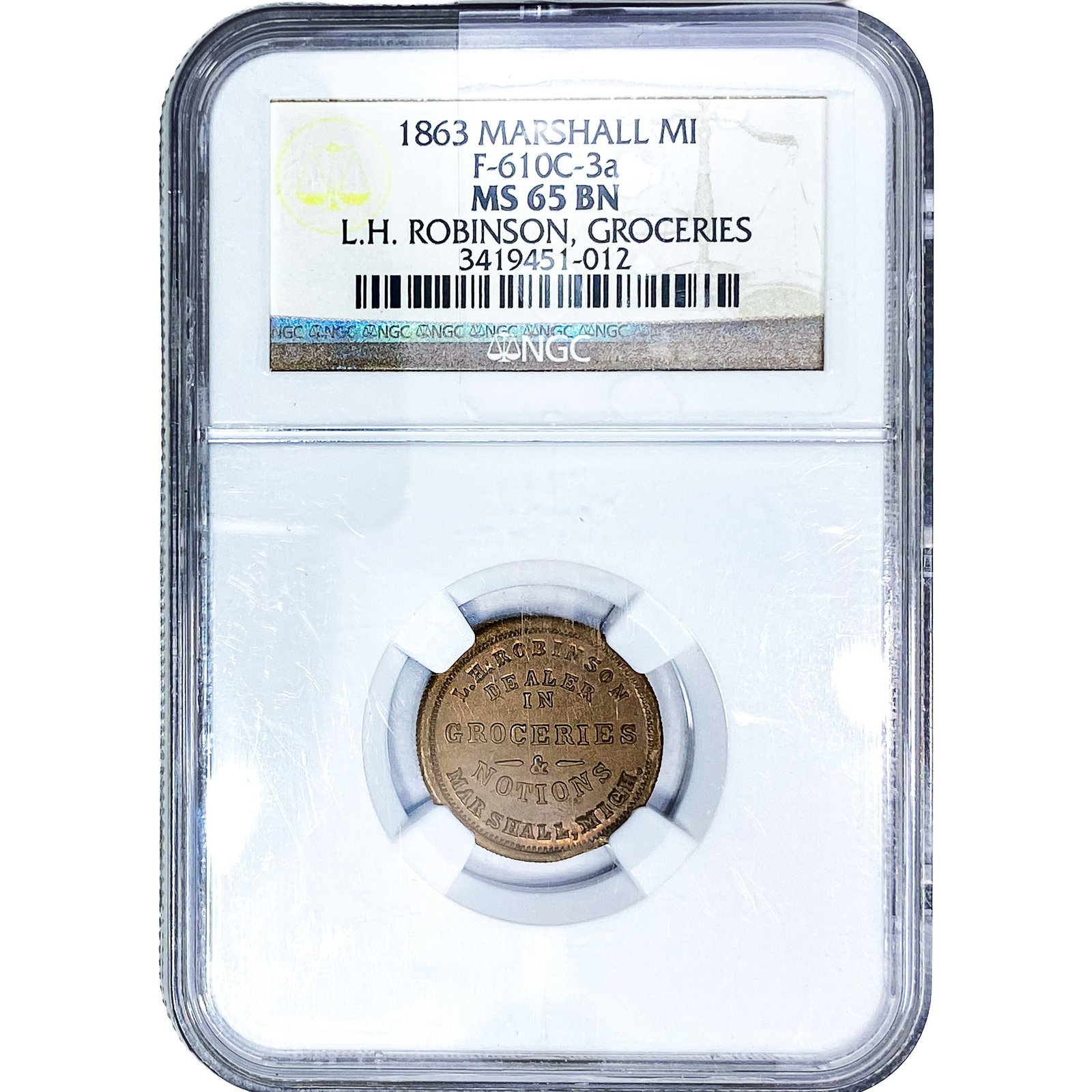 1863 Civil War Token Marshall MI F-610C NGC MS65 BN: 1863 Civil War Token Marshall MI F-610C NGC MS65 BN