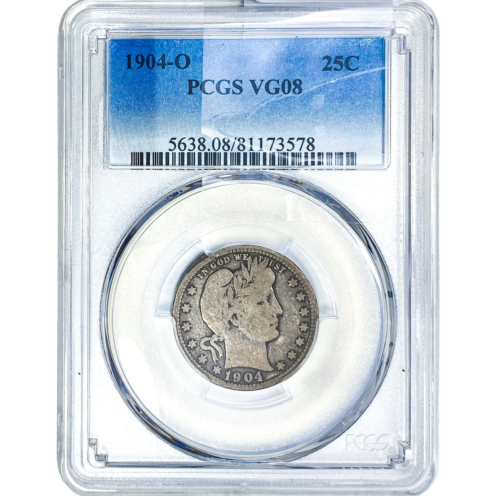 1904-O Barber Quarter PCGS VG08: 1904-O Barber Quarter PCGS VG08