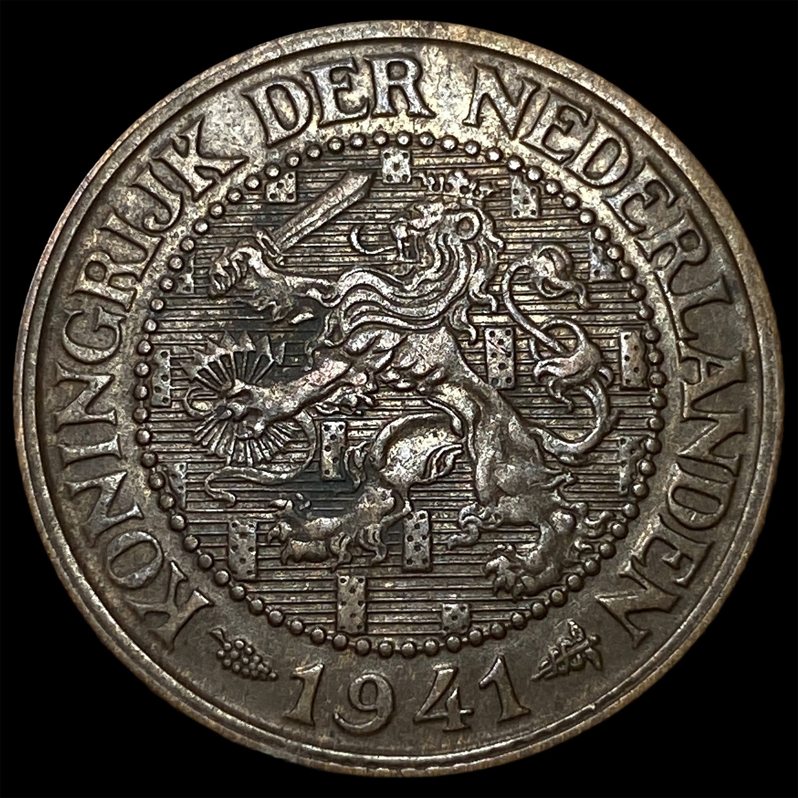 1941 Netherlands Bronze 1 1/2 Cents: 1941 Netherlands Bronze 1 1/2 Cents