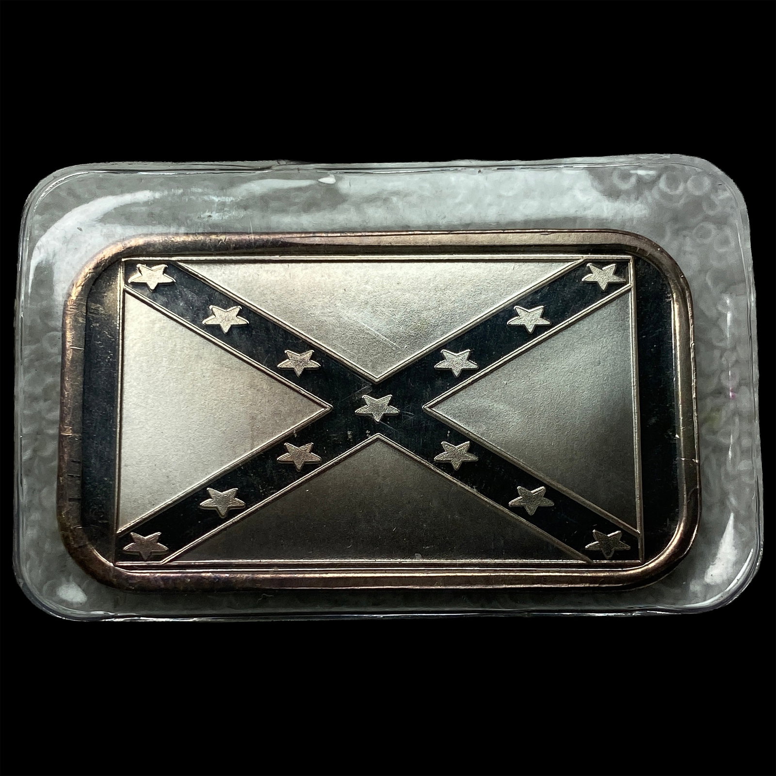 1 oz .999 Fine Silver Bar with a Confederate flag design HIGH GRADE: 1 oz .999 Fine Silver Bar with a Confederate flag design HIGH GRADE
