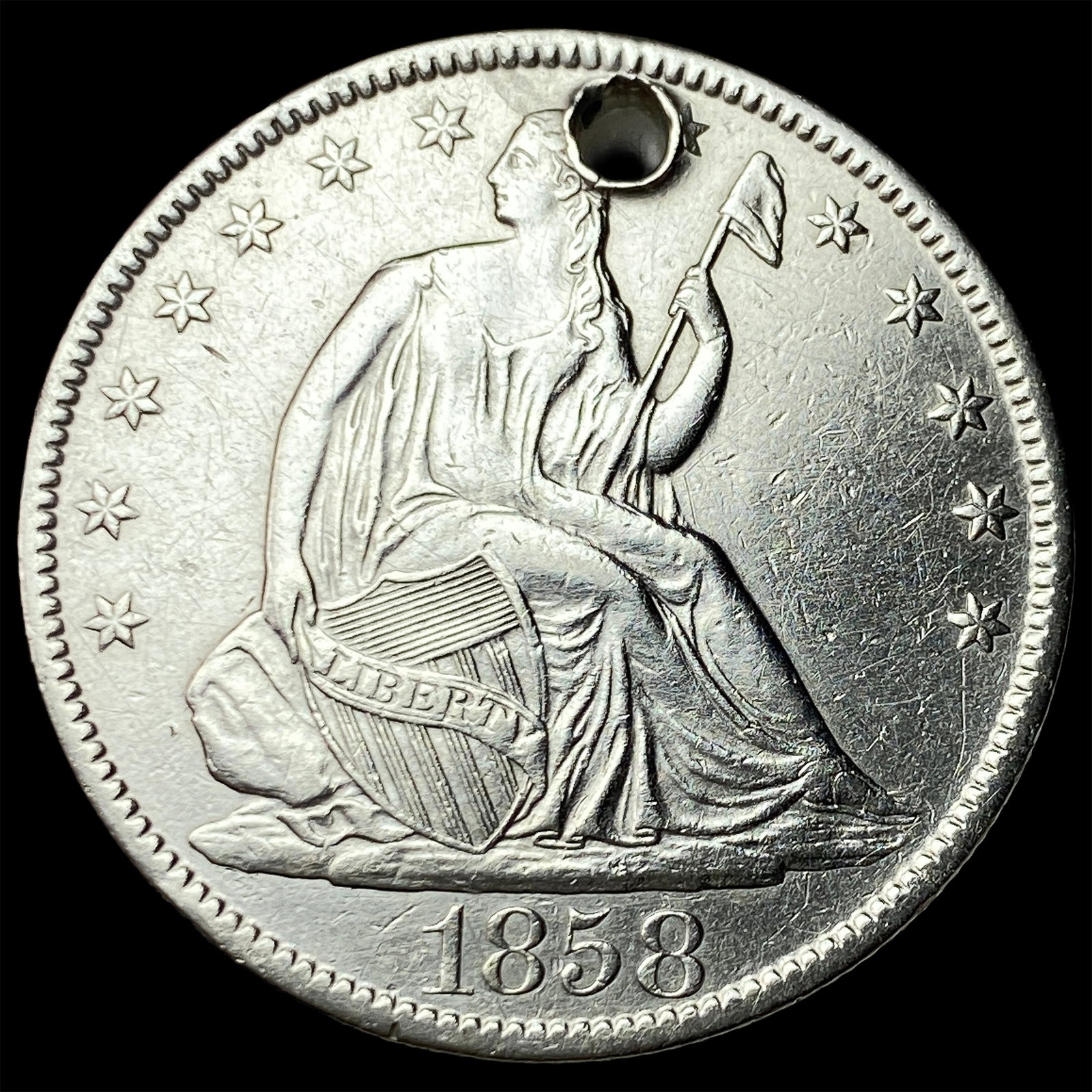 1858-O Silver Half Dollar (holed) HIGH GRADE: 1858-O Silver Half Dollar (holed) HIGH GRADE