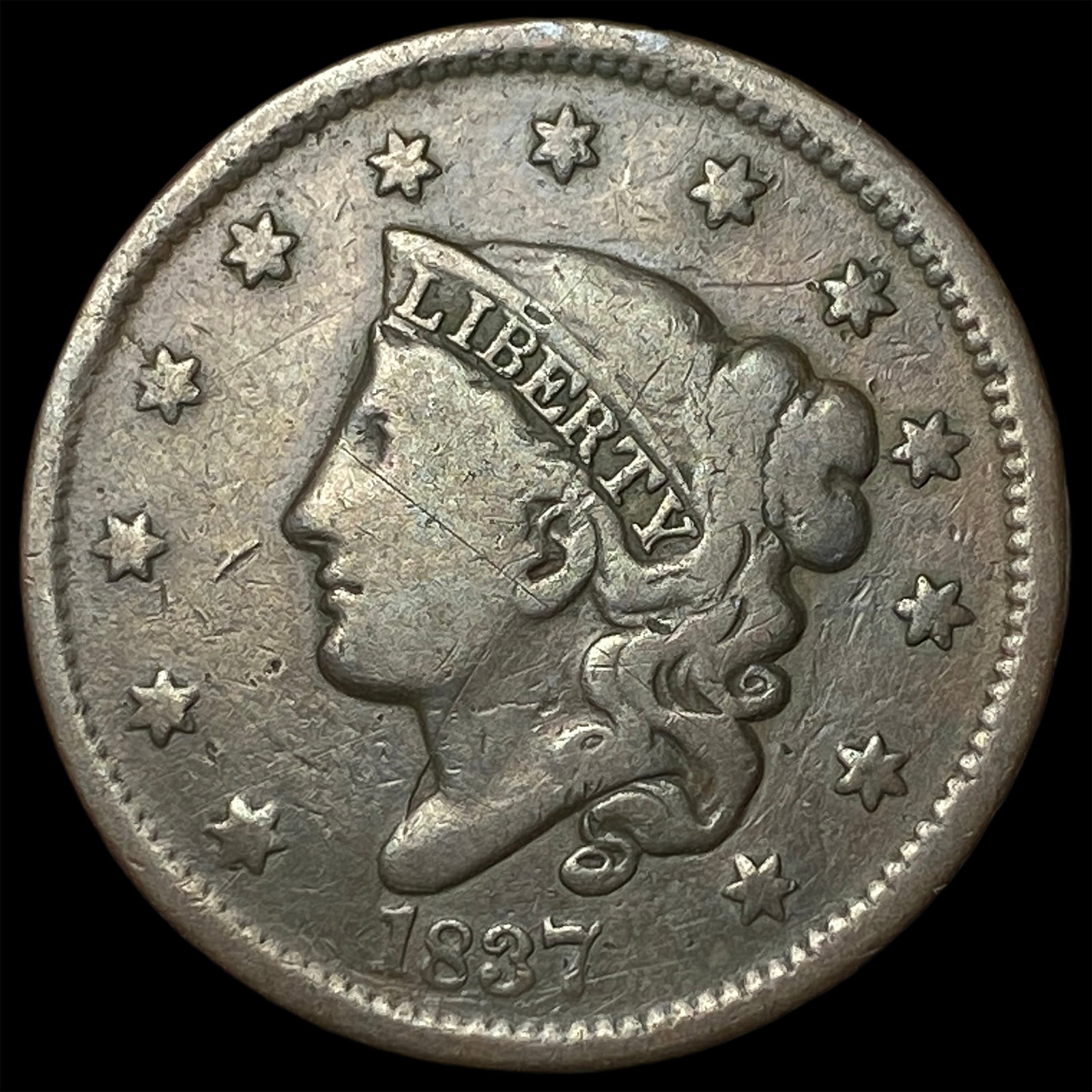 1837 Coronet Head Large Cent ABOUT UNCIRCULATED: 1837 Coronet Head Large Cent ABOUT UNCIRCULATED