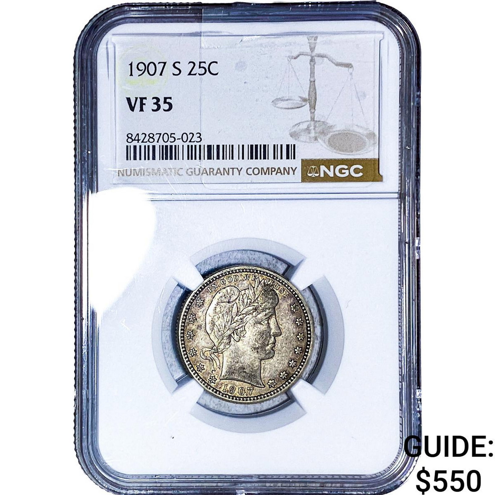 1907-S Barber Quarter NGC VF35: 1907-S Barber Quarter NGC VF35