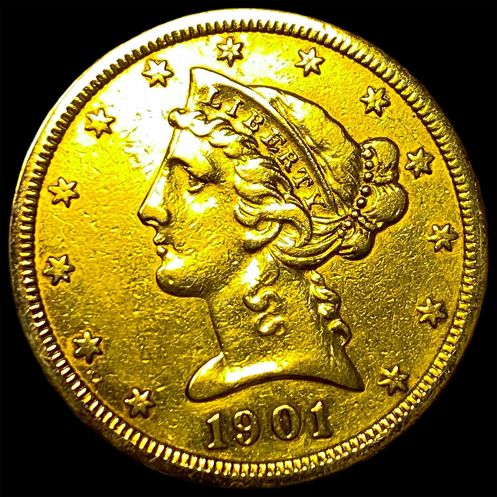 1901-S Gold $5 Liberty Head Half Eagle CHOICE AU: 1901-S Gold $5 Liberty Head Half Eagle CHOICE AU