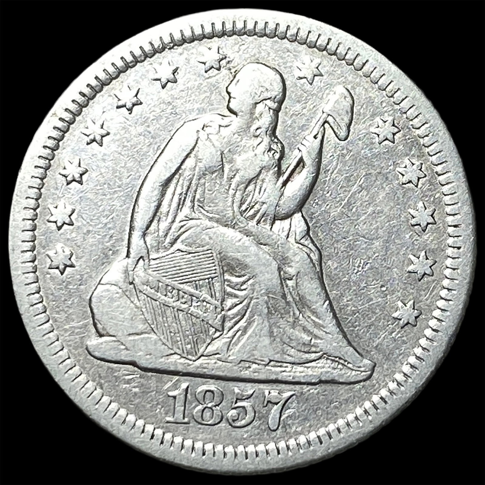 1857-O Silver Seated Liberty Quarter ABOUT UNCIRCULATED (1 of 2)