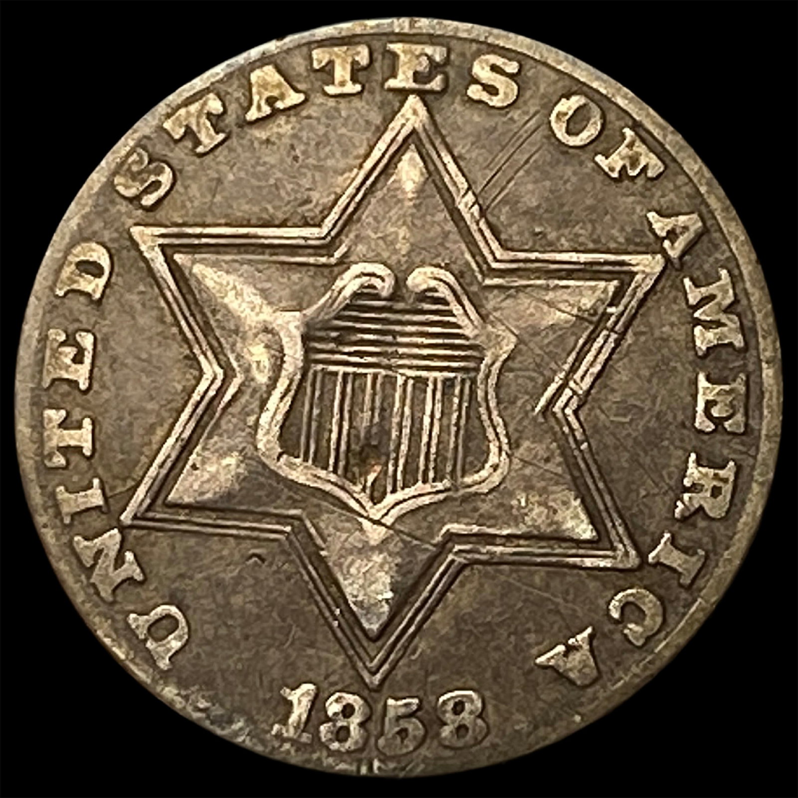 1858 Silver Three-Cent Piece NEARLY UNCIRCULATED: 1858 Silver Three-Cent Piece NEARLY UNCIRCULATED