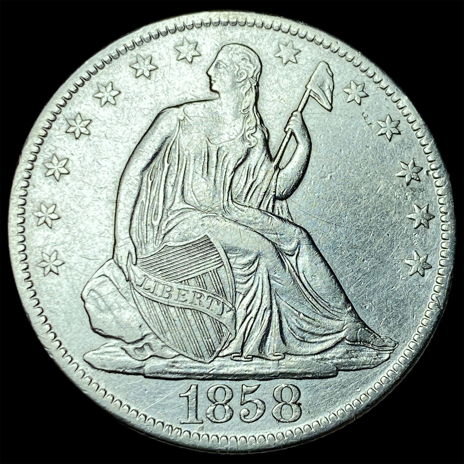 1858-O Silver Seated Liberty Half Dollar CLOSELY UNCIRCULATED: 1858-O Silver Seated Liberty Half Dollar CLOSELY UNCIRCULATED