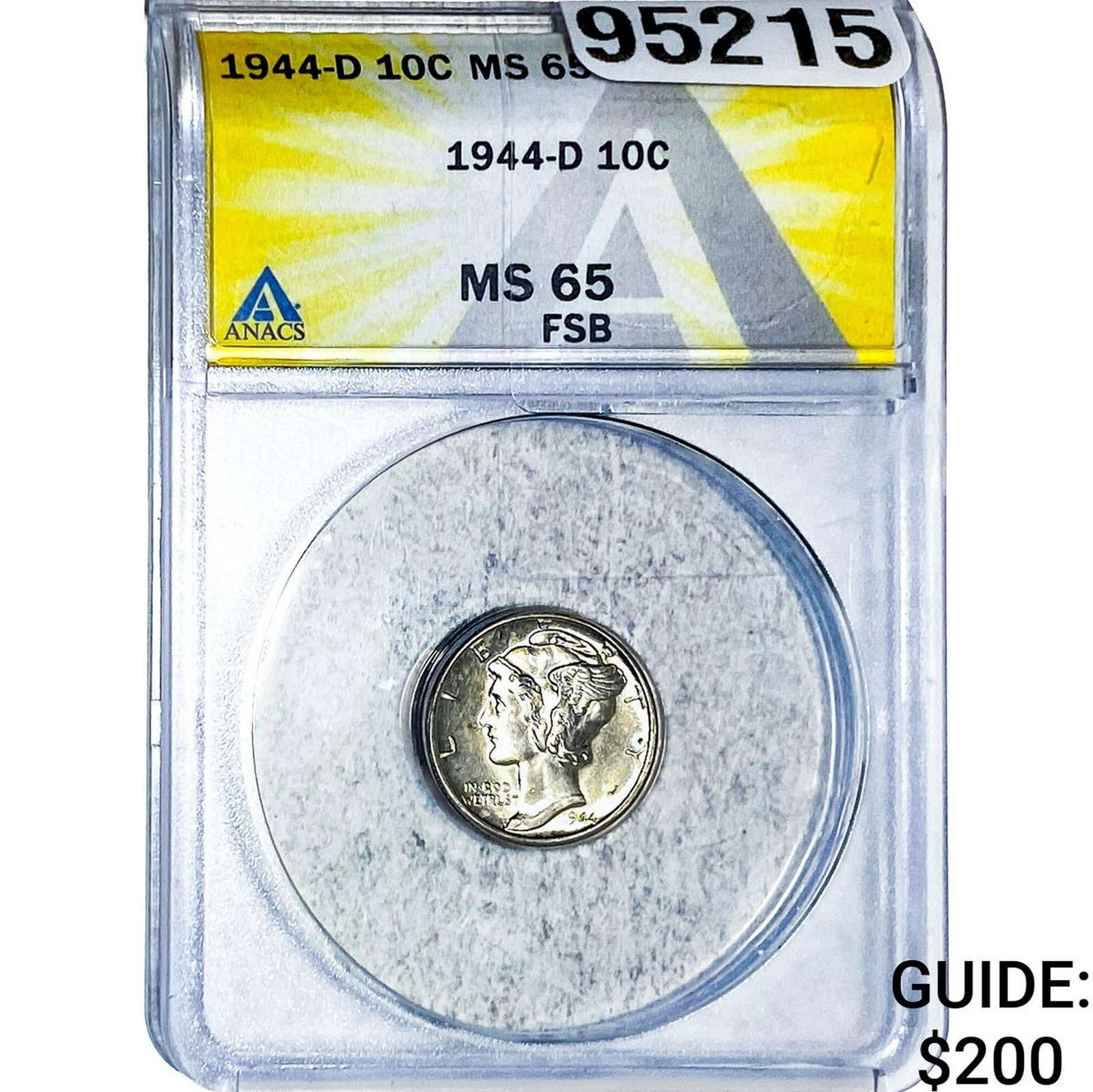 1944-D Mercury Silver Dime ANACS MS65 FSB: 1944-D Mercury Silver Dime ANACS MS65 FSB