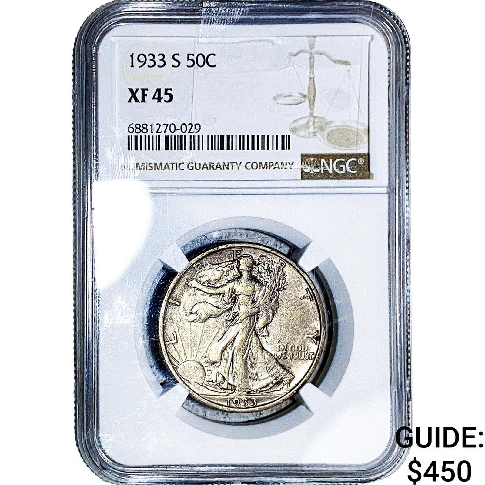 1933-S Walking Liberty Half Dollar NGC XF45: 1933-S Walking Liberty Half Dollar NGC XF45
