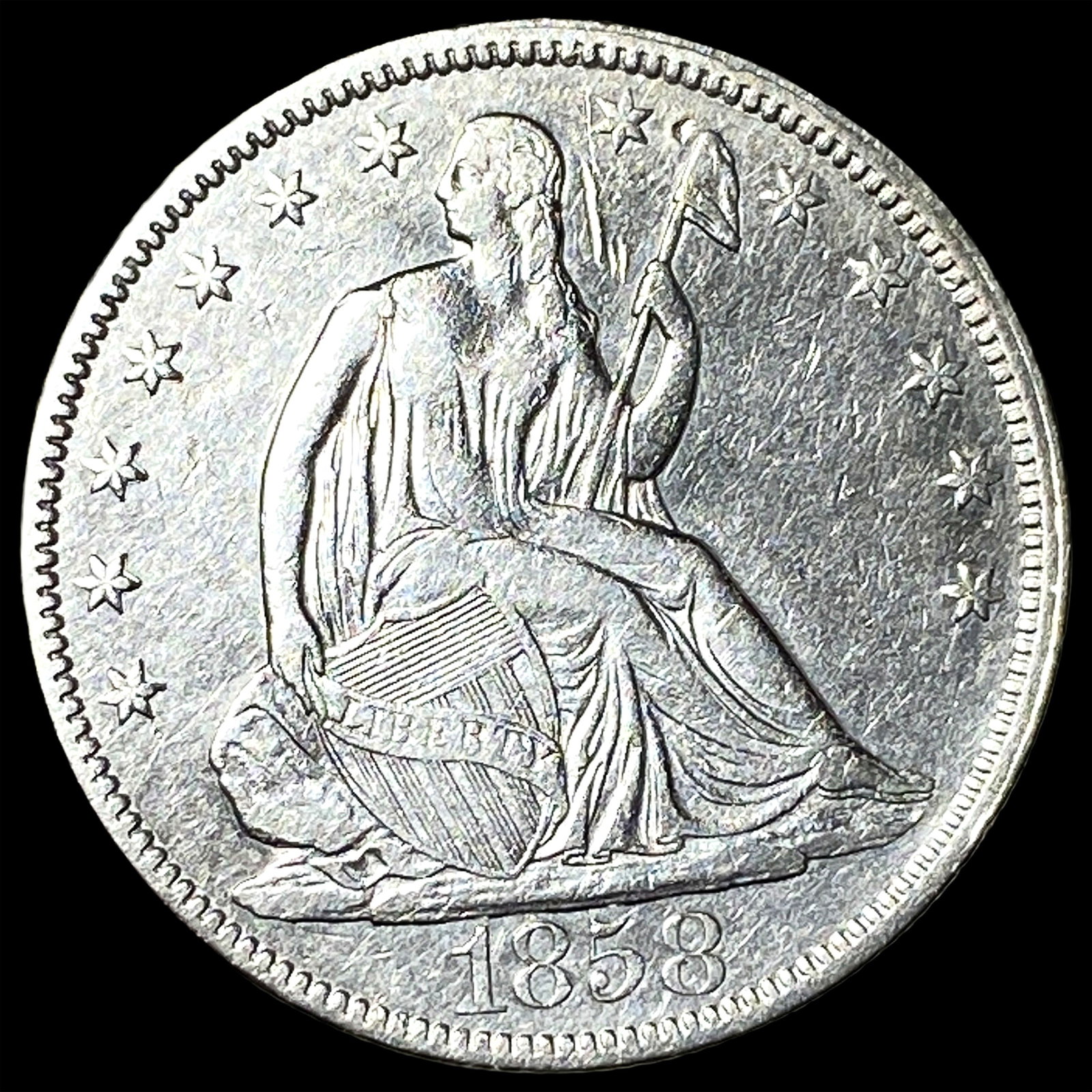 1858 Seated Liberty Half Dollar CLOSELY UNCIRCULATED: 1858 Seated Liberty Half Dollar CLOSELY UNCIRCULATED