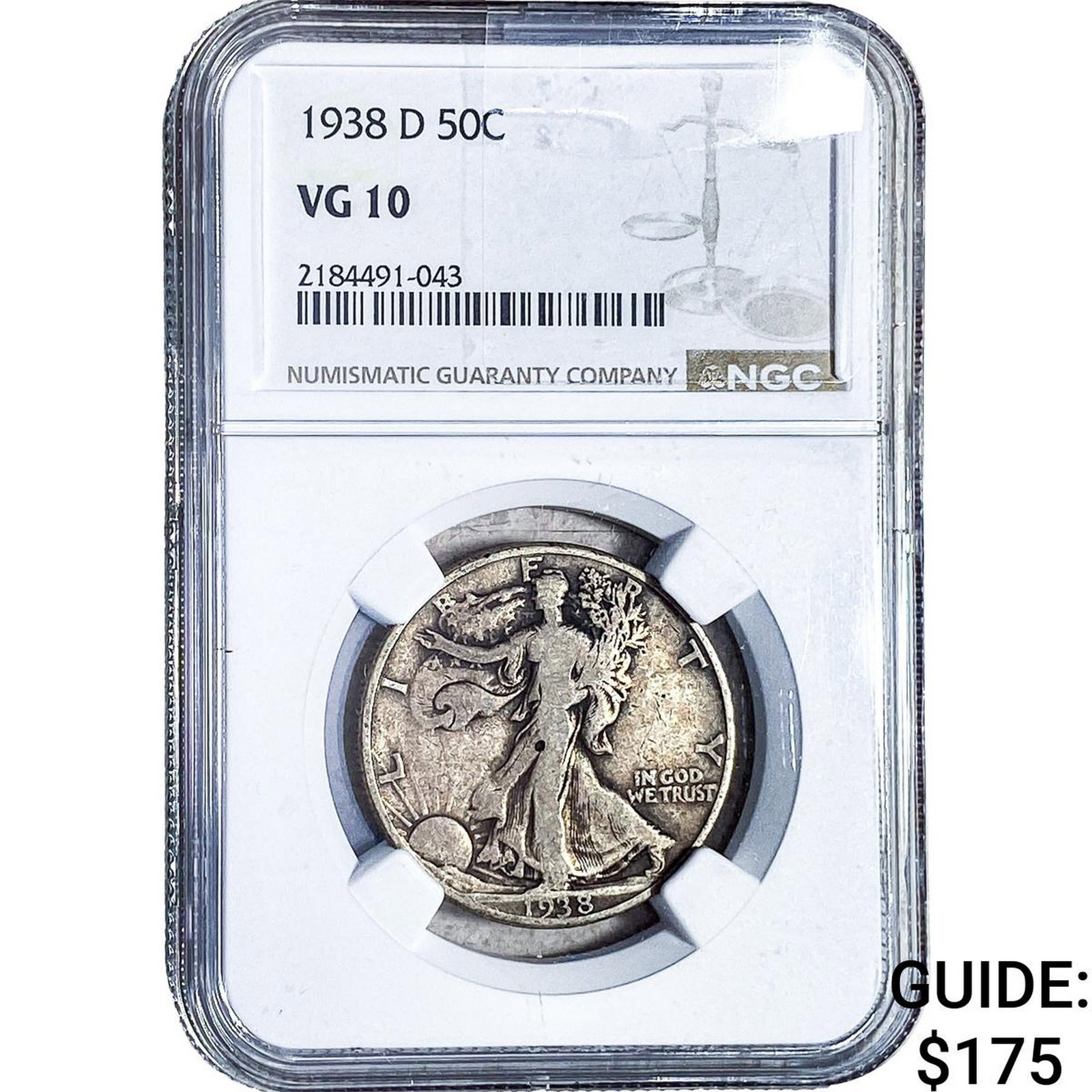 1938-D Walking Liberty Half Dollar NGC VG10: 1938-D Walking Liberty Half Dollar NGC VG10