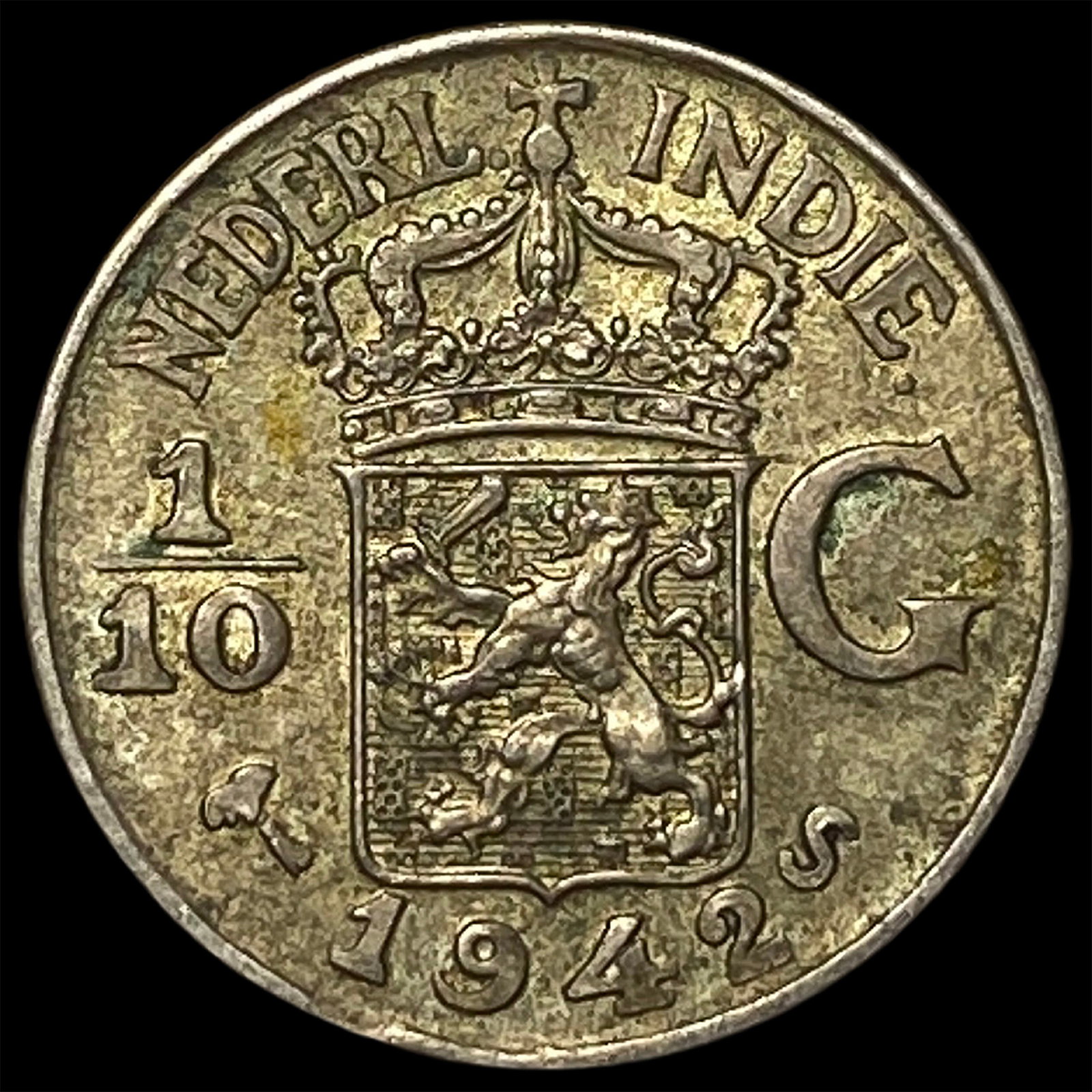 1942-D Netherlands East Indies Silver 1/10 Gulden: 1942-D Netherlands East Indies Silver 1/10 Gulden