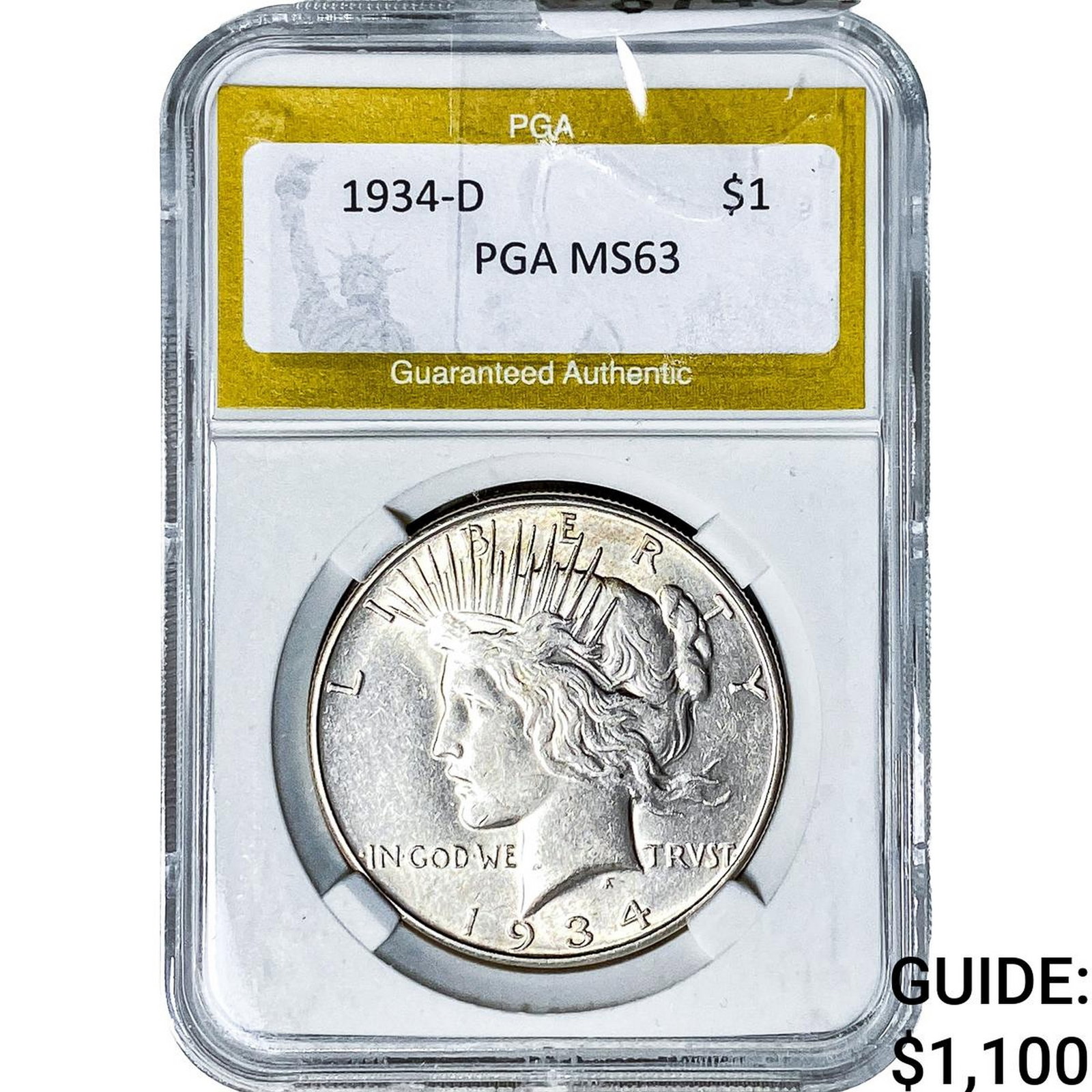 1934-D Silver Peace Dollar PGA MS63: 1934-D Silver Peace Dollar PGA MS63