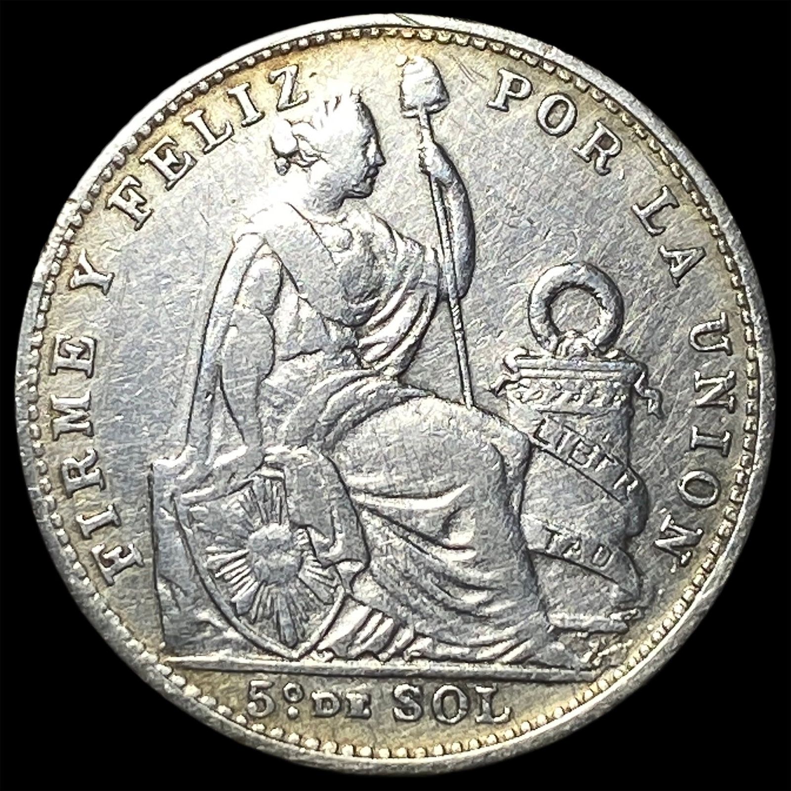 1908 FG Peru Silver 1/5 Sol: 1908 FG Peru Silver 1/5 Sol