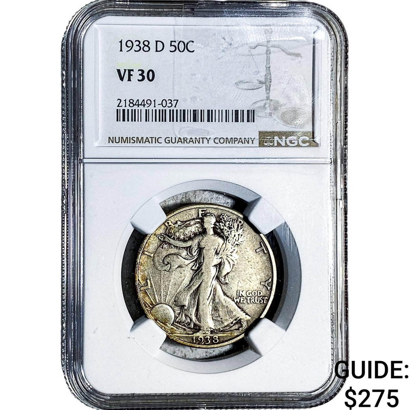 1938-D Walking Liberty Half Dollar NGC VF30: 1938-D Walking Liberty Half Dollar NGC VF30