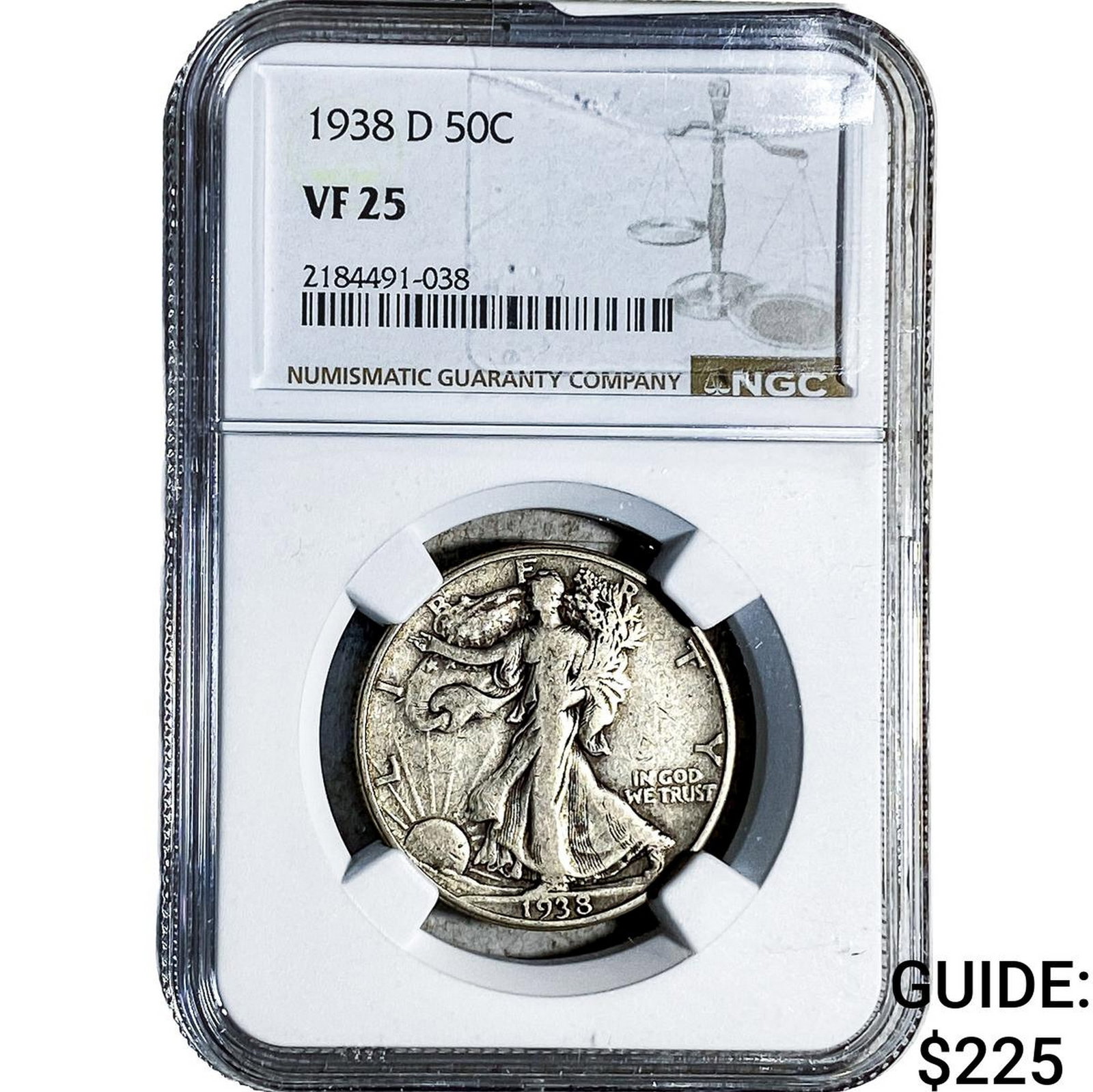 1938-D Walking Liberty Half Dollar NGC VF25: 1938-D Walking Liberty Half Dollar NGC VF25