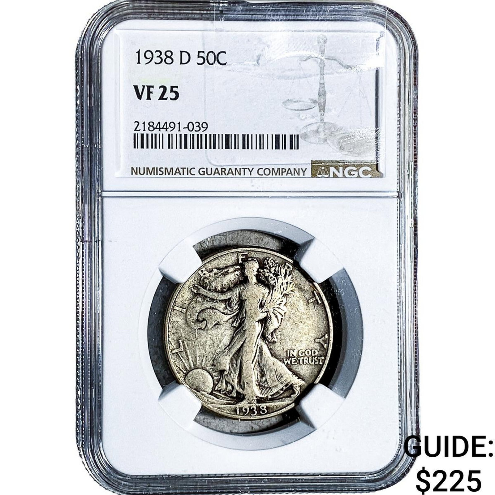 1938-D Walking Liberty Half Dollar NGC VF25: 1938-D Walking Liberty Half Dollar NGC VF25