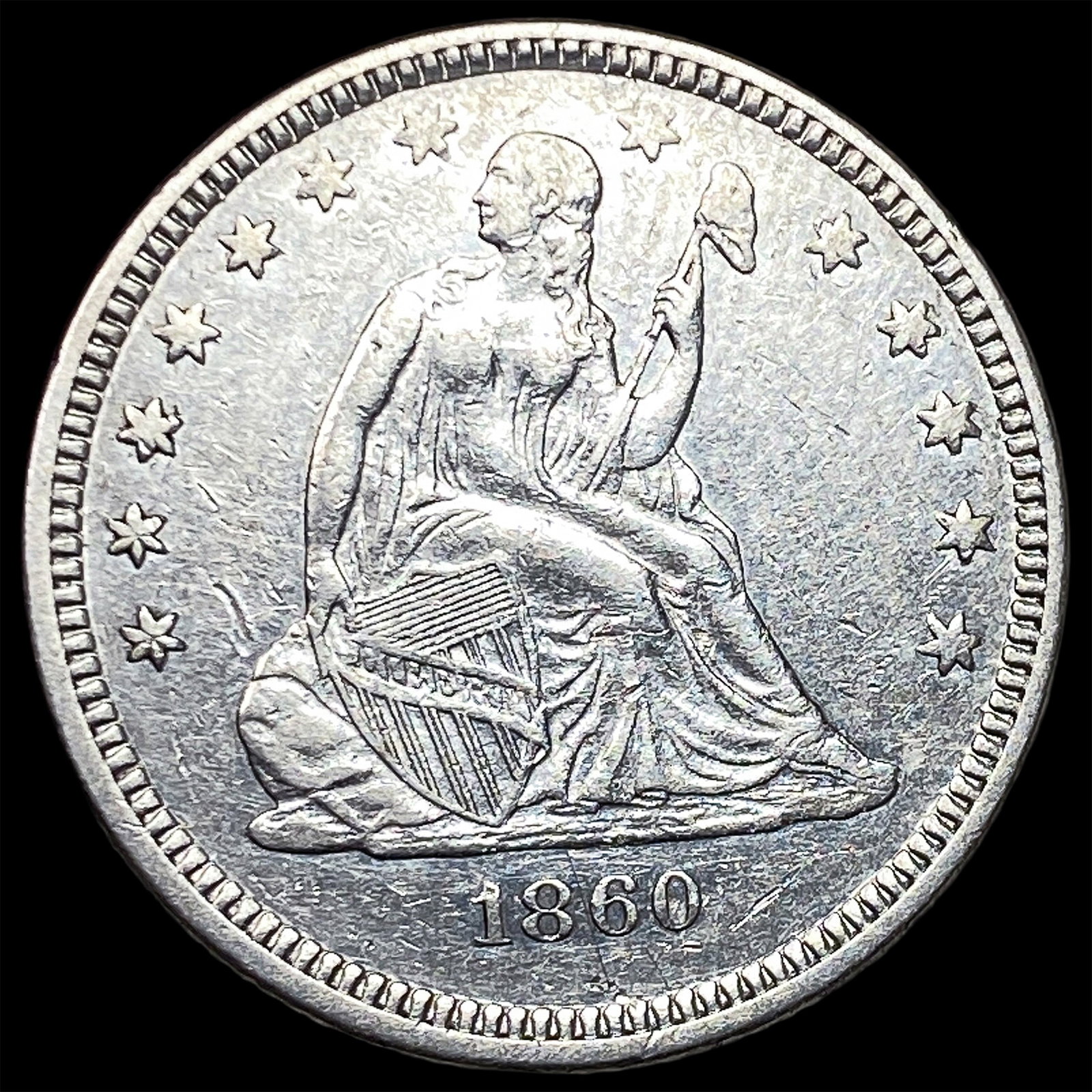 1860-O Silver Seated Liberty Quarter CLOSELY UNCIRCULATED: 1860-O Silver Seated Liberty Quarter CLOSELY UNCIRCULATED
