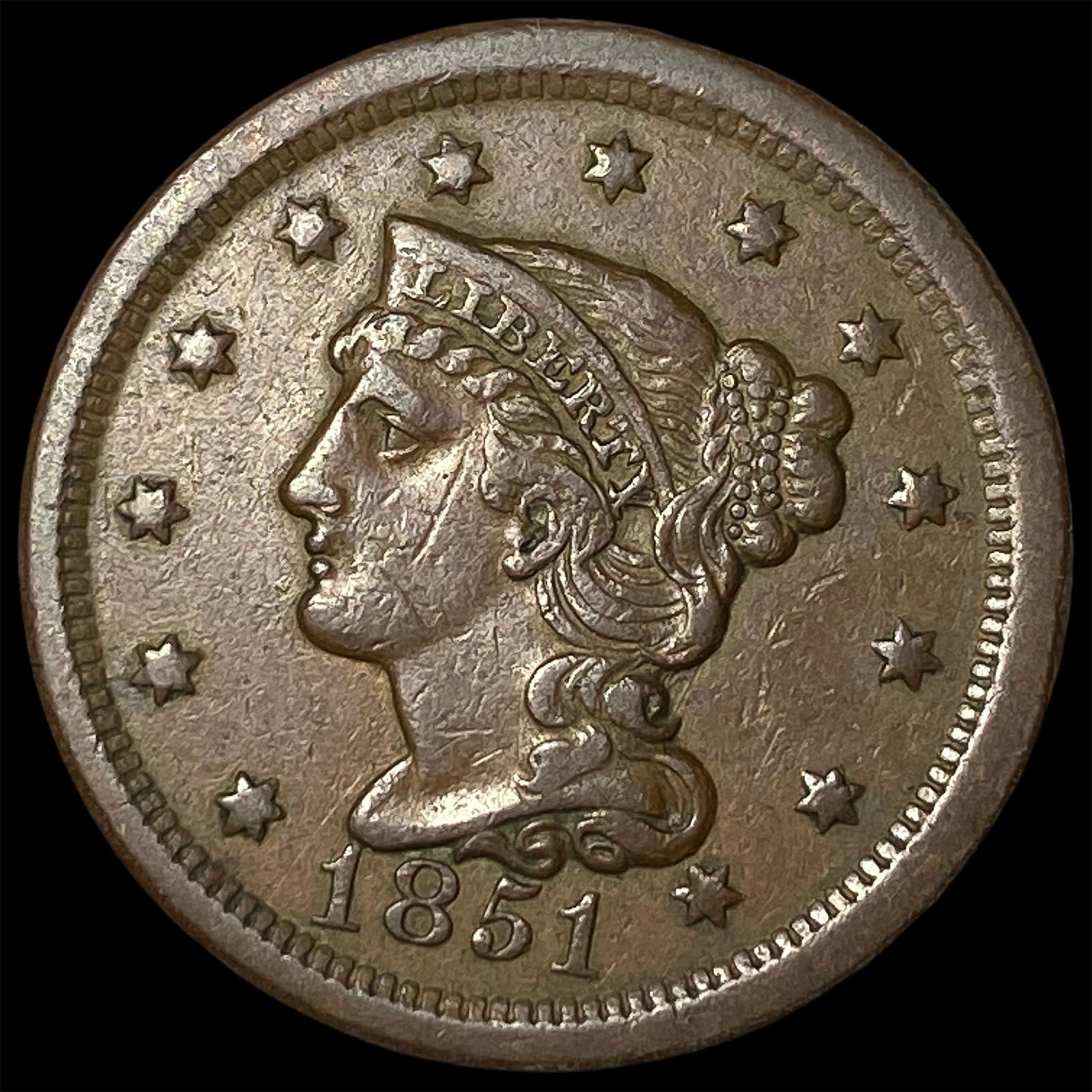1851 Braided Hair Large Cent CLOSELY UNCIRCULATED: 1851 Braided Hair Large Cent CLOSELY UNCIRCULATED