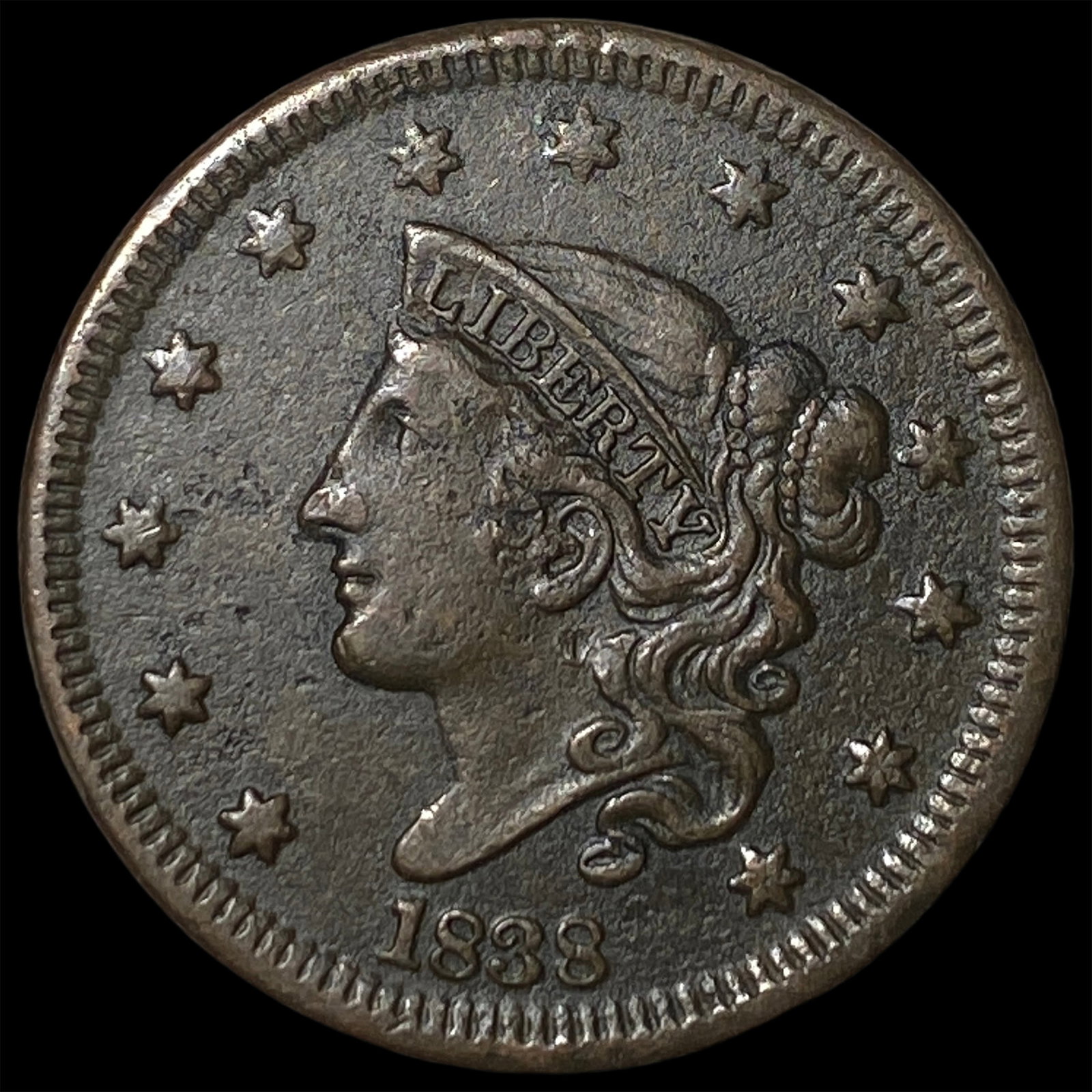 1838 Coronet Head Large Cent NEARLY UNCIRCULATED: 1838 Coronet Head Large Cent NEARLY UNCIRCULATED