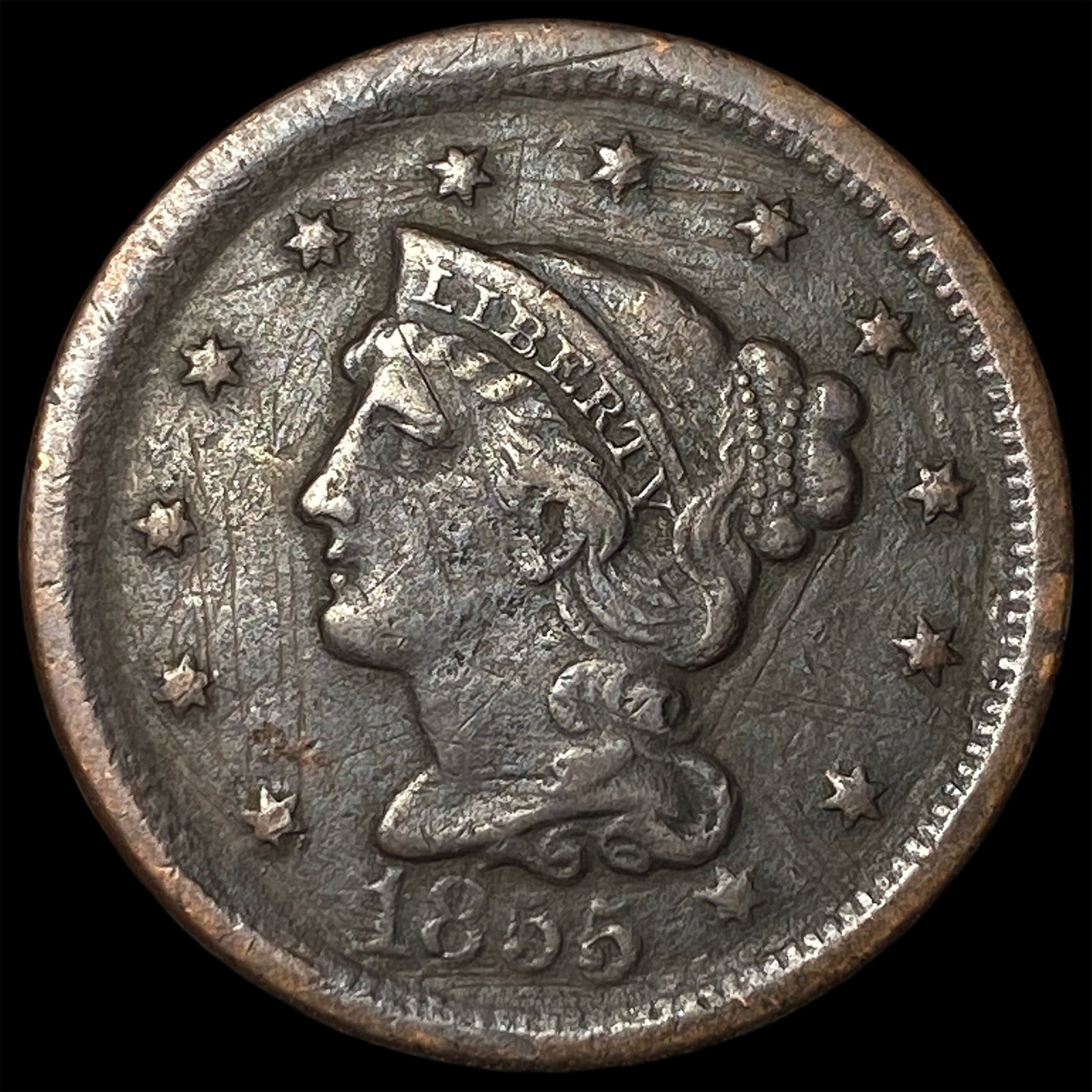 1855 Braided Hair Large Cent NEARLY UNCIRCULATED: 1855 Braided Hair Large Cent NEARLY UNCIRCULATED
