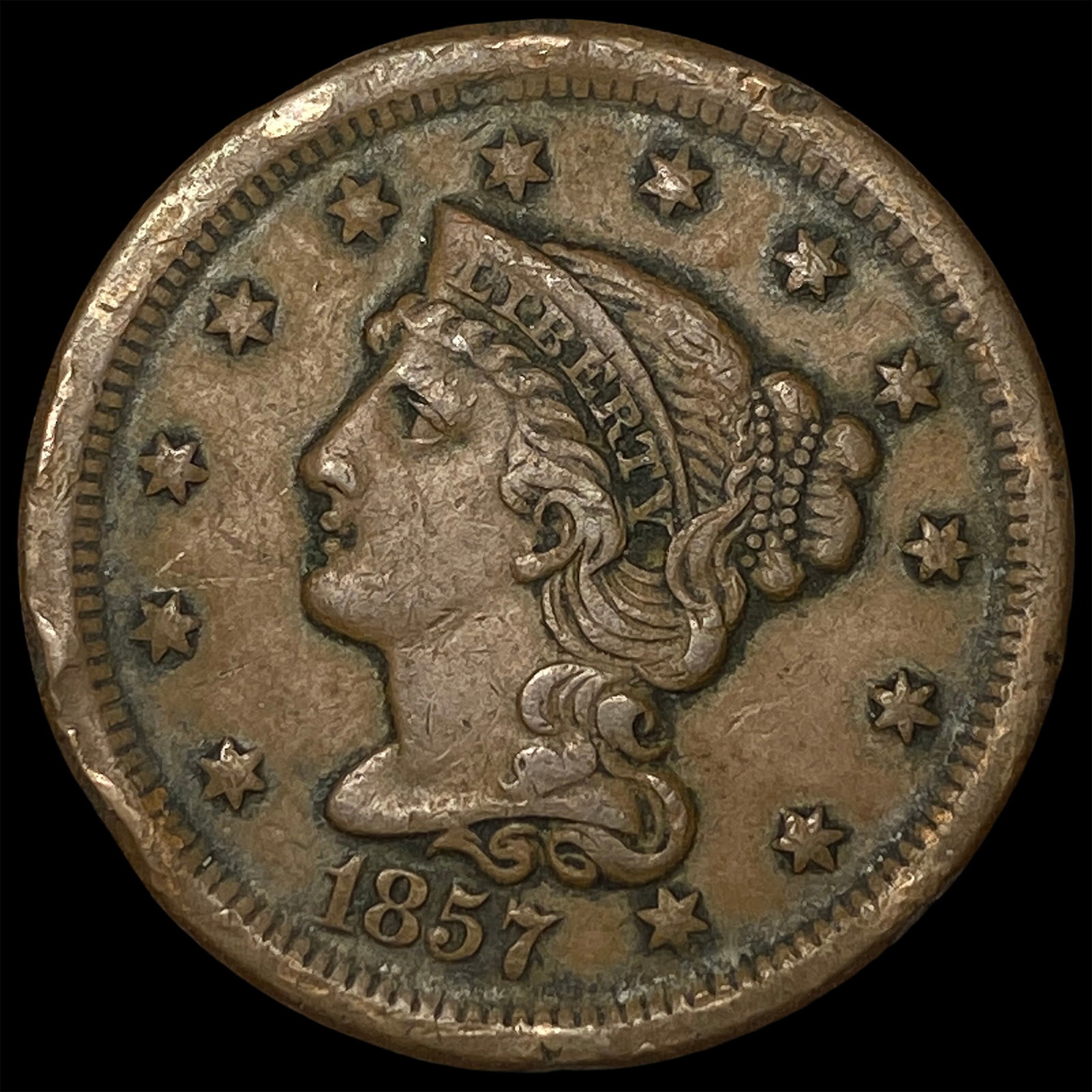 1857 Braided Hair Large Cent NEARLY UNCIRCULATED: 1857 Braided Hair Large Cent NEARLY UNCIRCULATED