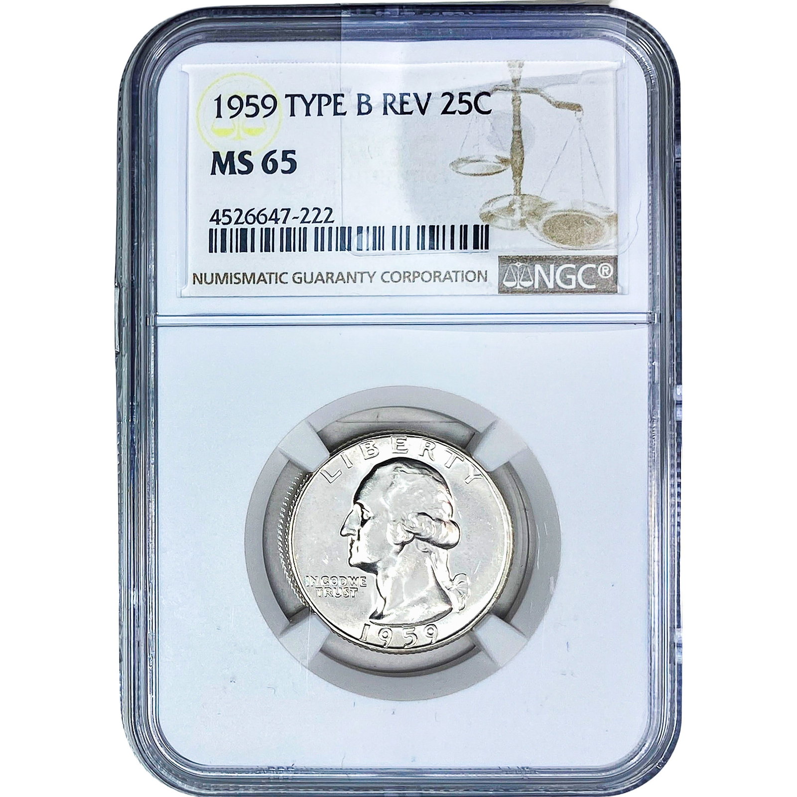 1959 Washington Silver Quarter NGC MS65 Type B Rev.: 1959 Washington Silver Quarter NGC MS65 Type B Rev.