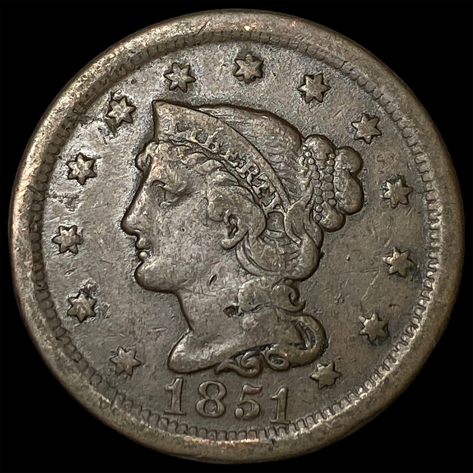 1851 Braided Hair Large Cent NEARLY UNCIRCULATED: 1851 Braided Hair Large Cent NEARLY UNCIRCULATED