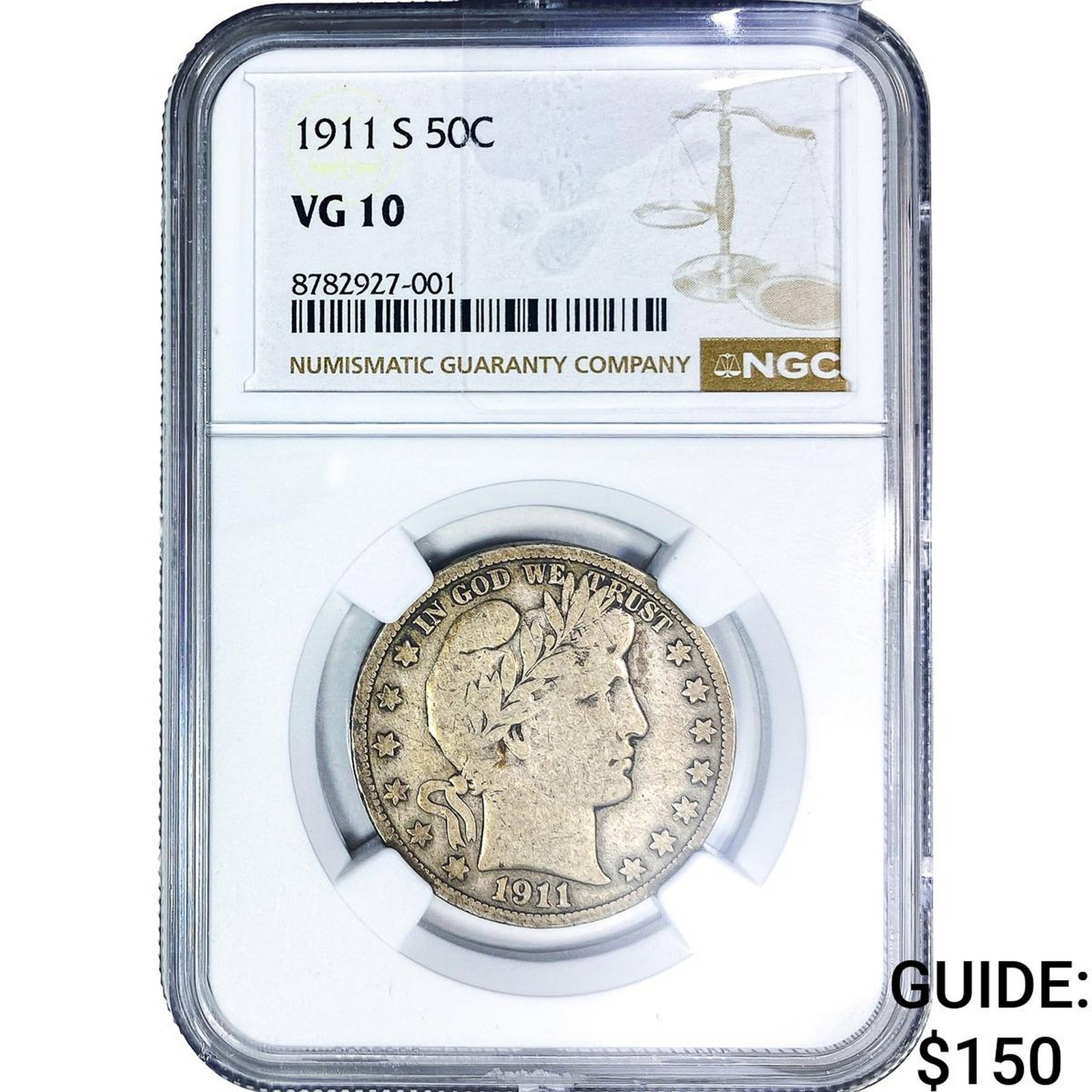 1911-S Barber Half Dollar NGC VG10: 1911-S Barber Half Dollar NGC VG10